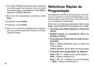 1. Se o LED ATIVADA estiver piscando, siga para
   o próximo passo, do contrário, entre no modo       Referência Rápida de
   de programação, pressionando a tecla Prog e
   digitando a SENHA MASTER;
                                                      Programação
                                                      Esta tabela de referência considera que você este-
2. No modo de programação, pressione a tecla
                                                      ja com a central no modo de programação, e con-
   Prog;
                                                      sidera também, que você já leu o manual e conhe-
3. Pressione a tecla Anular;                          ça o resultado de cada função.

4. Pressione a tecla Enter;                           Para entrar no modo de programação, digite a tecla
                                                      Prog + SENHA MASTER (sai de fábrica como 1234).
5. Entre com a próxima seqüência de programa-          Comandos para Ativar/Desativar a Central de
   ção, ou a senha master para finalizar a configu-     Alarme
   ração da central.
                                                       SENHA master ou secundária: Ativa ou
                                                        Desativa a Central
                                                       Comandos para Entrar/Sair do modo de pro-
                                                        gramação
                                                        Prog + SENHA MASTER: Entra no Modo de
                                                        Programação
                                                        SENHA MASTER: Sai do Modo de Programação
                                                       Comandos para programação de telefones
                                                        Prog + 10 + 1 + (telefone com até 20 dígitos) +
                                                        Enter: Telefone da Memória 1
                                                        Prog + 10 + 2 + (telefone com até 20 dígitos)
                                                        + Enter: Telefone da Memória 2
52
 