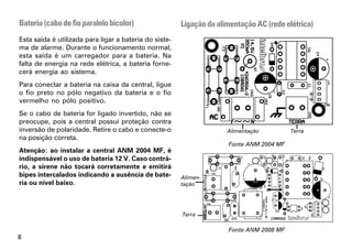 Bateria (cabo de fio paralelo bicolor)                  Ligação da alimentação AC (rede elétrica)
Esta saída é utilizada para ligar a bateria do siste-
ma de alarme. Durante o funcionamento normal,
esta saída é um carregador para a bateria. Na
falta de energia na rede elétrica, a bateria forne-
cerá energia ao sistema.
Para conectar a bateria na caixa da central, ligue
o fio preto no pólo negativo da bateria e o fio
vermelho no pólo positivo.
Se o cabo de bateria for ligado invertido, não se
preocupe, pois a central possui proteção contra
inversão de polaridade. Retire o cabo e conecte-o                     Alimentação         Terra
na posição correta.
                                                                      Fonte ANM 2004 MF
Atenção: ao instalar a central ANM 2004 MF, é
indispensável o uso de bateria 12 V. Caso contrá-
rio, a sirene não tocará corretamente e emitirá
bipes intercalados indicando a ausência de bate-        Alimen-
ria ou nível baixo.                                     tação
                                                                             Terra




                                                        Terra

                                                                      Fonte ANM 2008 MF
8
 