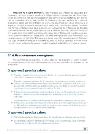 98
Guia de uso racional de antimicrobianos para cães e gatos
Impacto na saúde animal: O real impacto das infecções causadas por
Enterococcus spp. sobre a saúde animal permanece desconhecido. Essas bac-
térias geralmente não são tão patogênicas como outras bactérias, por exem-
plo, as da ordem Enterobacterales. O Enterococcus spp. resistente a antimi-
crobianos pode ser encontrado na urina na ausência de sinais clínicos, e o
impacto na saúde animal nesses casos pode ser considerado baixo. Da mes-
ma forma, Enterococcus spp. podem ser cultivados de infecções de feridas,
pulmões e outros locais, e o impacto não é conhecido. Não existem medidas
em vigor para combater a ameaça de cepas de enterococos resistentes a an-
timicrobianos e nenhum programa nacional de vigilância para monitorar sua
frequência ou tendências. Mesmo que uma infecção causada por Enterococ-
cus spp. resistentes requeira tratamento, não há novos agentes antimicrobia-
nos em desenvolvimento para a medicina veterinária lidar com essa ameaça.
Pseudomonas aeruginosa é uma espécie de bastonete Gram-negati-
vo que prefere ambientes úmidos e podem ser encontrados amplamente no
ambiente.
8.1.4 Pseudomonas aeruginosa
O que você precisa saber:
O que você precisa saber:
Pseudomonas é comumente encontrado no meio ambiente; portanto, qual-
quer ferida aberta pode infeccionar.
Pseudomonas aeruginosa é intrinsecamente resistente a muitos antimicro-
bianos utilizados comumente na prática veterinária, incluindo a maioria das
penicilinas e cefalosporinas, glicopeptídeos, macrolídeos, tetraciclinas, sulfo-
namidas-trimetoprim, rifampicina e cloranfenicol.
O teste de susceptibilidade antimicrobiana é a única forma de determinar se
Pseudomonas é resistente e de adequar a terapia antimicrobiana, quando
indicada.
Não há relatos da ocorrência de transmissão de Pseudomonas aeruginosa
entre animais ou de animal para humano. Essa é uma espécie contaminante
ambiental, e as infecções dos ouvidos, narinas e o manejo de feridas apresen-
tam problemas de tratamento importantes.
Manejo de qualquer doença de base (p. ex.: alergias e infecções de ouvidos);
Boa biosseguridade e controle de infecção são ações críticas. Esse microrga-
nismo está amplamente difundido no ambiente.
 