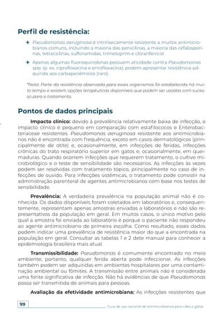 99 Guia de uso racional de antimicrobianos para cães e gatos
Perfil de resistência:
Pseudomonas aeruginosa é intrinsecamente resistente a muitos antimicro-
bianos comuns, incluindo a maioria das penicilinas, a maioria das cefalospori-
nas, tetraciclinas, sulfonamidas, trimetoprim e cloranfenicol
Apenas algumas fluoroquinolonas possuem atividade contra Pseudomonas
spp. (p. ex. ciprofloxacina e enrofloxacina); podem apresentar resistência ad-
quirida aos carbapenêmicos (raro).
*Nota: Parte da resistência observada para esses organismos foi estabelecida há mui-
to tempo e existem opções terapêuticas disponíveis que podem ser usadas com suces-
so para o tratamento.
Pontos de dados principais
Impacto clínico: devido à prevalência relativamente baixa de infecção, o
impacto clínico é pequeno em comparação com estafilococos e Enterobac-
teriaceae resistentes. Pseudomonas aeruginosa resistente aos antimicrobia-
nos não é encontrada com frequência, exceto em casos dermatológicos (prin-
cipalmente de otite) e, ocasionalmente, em infecções de feridas, infecções
crônicas do trato respiratório superior em gatos e, ocasionalmente, em quei-
maduras. Quando ocorrem infecções que requerem tratamento, o cultivo mi-
crobiológico e o teste de sensibilidade são necessários. As infecções às vezes
podem ser resolvidas com tratamento tópico, principalmente no caso de in-
fecções de ouvido. Para infecções sistêmicas, o tratamento pode consistir na
administração parenteral de agentes antimicrobianos com base nos testes de
sensibilidade.
Prevalência: A verdadeira prevalência na população animal não é co-
nhecida. Os dados disponíveis foram coletados em laboratórios e, consequen-
temente, representam apenas amostras enviadas a laboratórios e não são re-
presentativos da população em geral. Em muitos casos, o único motivo pelo
qual a amostra foi enviada ao laboratório é porque o paciente não respondeu
ao agente antimicrobiano de primeira escolha. Como resultado, esses dados
podem indicar uma prevalência de resistência maior do que a encontrada na
população em geral. Consultar as tabelas 1 e 2 dete manual para conhecer a
epidemiologia brasileira mais atual.
Transmissibilidade: Pseudomonas é comumente encontrado no meio
ambiente; portanto, qualquer ferida aberta pode infeccionar. As infecções
também podem ser adquiridas em ambientes hospitalares por uma contami-
nação ambiental ou fômites. A transmissão entre animais não é considerada
uma fonte significativa de infecção. Não há evidências de que Pseudomonas
possa ser transmitida de animais para pessoas.
Avaliação da efetividade antimicrobiana: As infecções resistentes que
 