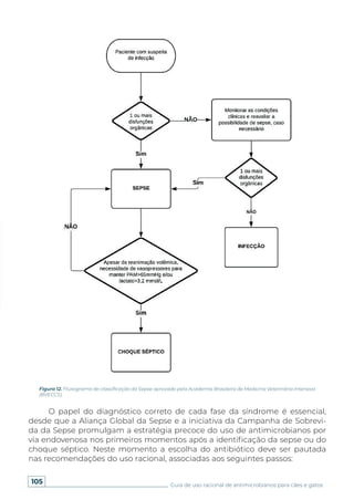 105 Guia de uso racional de antimicrobianos para cães e gatos
Figura 12. Fluxograma de classificação da Sepse aprovado pela Academia Brasileira de Medicina Veterinária Intensiva
(BVECCS).
O papel do diagnóstico correto de cada fase da síndrome é essencial,
desde que a Aliança Global da Sepse e a iniciativa da Campanha de Sobrevi-
da da Sepse promulgam a estratégia precoce do uso de antimicrobianos por
via endovenosa nos primeiros momentos após a identificação da sepse ou do
choque séptico. Neste momento a escolha do antibiótico deve ser pautada
nas recomendações do uso racional, associadas aos seguintes passos:
 