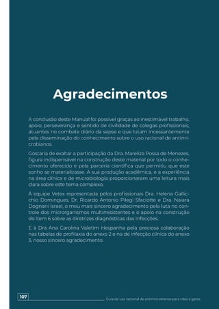 107 Guia de uso racional de antimicrobianos para cães e gatos
Agradecimentos
A conclusão deste Manual foi possível graças ao inestimável trabalho,
apoio, perseverança e sentido de civilidade de colegas profissionais,
atuantes no combate diário da sepse e que lutam incessantemente
pela disseminação do conhecimento sobre o uso racional de antimi-
crobianos.
Gostaria de exaltar a participação da Dra. Mareliza Possa de Menezes,
figura indispensável na construção deste material por todo o conhe-
cimento oferecido e pela parceria científica que permitiu que este
sonho se materializasse. A sua produção acadêmica, e a experiência
na área clínica e de microbiologia proporcionaram uma leitura mais
clara sobre este tema complexo.
À equipe Vetex representada pelos profissionais Dra. Helena Gallic-
chio Domingues, Dr. Ricardo Antonio Pilegi Sfaciotte e Dra. Naiara
Dognani Israel, o meu mais sincero agradecimento pela luta no con-
trole dos microrganismos multirresistentes e o apoio na construção
do item 6 sobre as diretrizes diagnósticas das infecções.
E à Dra Ana Carolina Valetim Hespanha pela preciosa colaboração
nas tabelas de profilaxia do anexo 2 e na de infecção clínica do anexo
3, nosso sincero agradecimento.
 