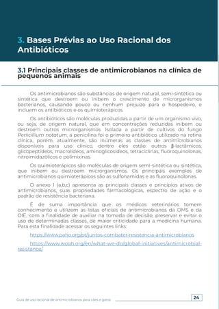24
Guia de uso racional de antimicrobianos para cães e gatos
3. Bases Prévias ao Uso Racional dos
Antibióticos
3.1 Principais classes de antimicrobianos na clínica de
pequenos animais
Os antimicrobianos são substâncias de origem natural, semi-sintética ou
sintética que destroem ou inibem o crescimento de microrganismos
bacterianos, causando pouco ou nenhum prejuízo para o hospedeiro, e
incluem os antibióticos e os quimioterápicos.
Os antibióticos são moléculas produzidas a partir de um organismo vivo,
ou seja, de origem natural, que em concentrações reduzidas inibem ou
destroem outros microrganismos. Isolada a partir de cultivos do fungo
Penicillium notatum, a penicilina foi o primeiro antibiótico utilizado na rotina
clínica, porém, atualmente, são inúmeras as classes de antimicrobianos
disponíveis para uso clínico, dentre eles estão: outros β-lactâmicos,
glicopeptídeos, macrolídeos, aminoglicosídeos, tetraciclinas, fluoroquinolonas,
nitroimidazólicos e polimixinas.
Os quimioterápicos são moléculas de origem semi-sintética ou sintética,
que inibem ou destroem microrganismos. Os principais exemplos de
antimicrobianos quimioterápicos são as sulfonamidas e as fluoroquinolonas.
O anexo 1 (a,b,c) apresenta as principais classes e princípios ativos de
antimicrobianos, suas propriedades farmacológicas, espectro de ação e o
padrão de resistência bacteriana.
É de suma importância que os médicos veterinários tomem
conhecimento e utilizem as listas oficiais de antimicrobianos da OMS e da
OIE, com a finalidade de auxiliar na tomada de decisão, preservar e evitar o
uso de determinadas classes, de maior criticidade para a medicina humana.
Para esta finalidade acessar os seguintes links:
https://www.paho.org/pt/juntos-combater-resistencia-antimicrobianos
https://www.woah.org/en/what-we-do/global-initiatives/antimicrobial-
resistance/
 