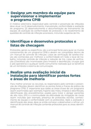 30
Guia de uso racional de antimicrobianos para cães e gatos
Designe um membro da equipe para
supervisionar e implementar
o programa CPIB
Identifique e desenvolva protocolos e
listas de checagem
O médico veterinário responsável pelo controle e prevenção de infecções
deve atuar no (1) desenvolvimento, manutenção, conformidade e avaliação
do programa; (2) desenvolvimento e documentação do treinamento da
equipe; (3) avaliação da conformidade do protocolo; e (4) recebimento de
questões de controle de infecção acionáveis, incluindo suspeitas de IHs.
Protocolos, gerais ou específicos, são a principal fonte para guiar os muitos
componentes de um programa CPIB e devem ser compilados dentro de
um manual de controle de infecção. Listas de verificação de tarefas-cha-
ves são conhecidas por melhorar a conformidade em todo o local de tra-
balho, incluindo controle de infecção e redução de IHs. Listas de verifica-
ção (Checklists) são incentivadas para limpeza e desinfecção, cirurgia (pré
e pós-operatória) e qualquer tarefa comumente realizada que se beneficie
de um lembrete e sistema de comunicação.
Realize uma avaliação inicial da
instalação para identificar pontos fortes
e áreas de melhoria
Para melhor priorizar os recursos, os responsáveis pelo controle e preven-
ção de infecções devem identificar os pontos fortes e fracos da prática do
programa CPIB. É importante que todas as áreas-chave de um programa
sejam examinadas (por exemplo, higiene das mãos, limpeza e desinfecção,
identificação dos procedimentos usados para tratar e abrigar pacientes
de alto risco, EPI) e a continuidade da efetividade da mitigação de riscos
sejam incluídas (por exemplo, presença de protocolos escritos, conheci-
mento da equipe e conformidade com os protocolos). Após a avaliação e
identificação das áreas, deve-se então começar a desenvolver e refinar um
manual de controle de infecção contendo protocolos para as áreas identifi-
cadas.
 