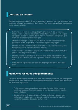 Guia de uso racional de antimicrobianos para cães e gatos
Controle de vetores
Alguns patógenos veterinários importantes podem ser transmitidos por
roedores selvagens ou vetores de insetos (por exemplo, pulgas, carrapatos,
mosquitos, moscas).
Examine os pacientes na chegada para presença de ectoparasitas.
Caso necessário, realize tratamento imediato de pacientes com pulgas,
carrapatos ou ácaros e conduza-os até um alojamento apropriado (por
exemplo, isolamento) até a resolução;
Alimentos secos (p. ex.: ração) e lixo devem ser armazenados em reci-
pientes de metal ou plástico com tampas à prova de pragas;
Elimine imediatamente resíduos alimentares e outros materiais (p. ex.:
fezes) que podem atrair roedores ou insetos;
Vede pontos de entrada de pragas em potencial, incluindo a manuten-
ção de telas de janela intactas;
Elimine potenciais criadouros de roedores e mosquitos em torno da
clínica (p. ex.: arbustos, detritos, tigelas de comida vazias, calhas entupi-
das).
Consulte um especialista em controle de pragas em casos de infesta-
ções.
Maneje os resíduos adequadamente
Resíduos biomédicos veterinários são uma fonte potencial de patógenos
zoonóticos e não zoonóticos. O lixo médico veterinário inclui perfurocortan-
tes e tecidos orgânicos.
Perfurocortantes usados são considerados lixo biomédico e devem
ser descartados conforme os regulamentos das autoridades munici-
pais e estaduais.
Use contêineres de descarte de perfurocortantes aprovados e resis-
tentes a perfurações para remover, armazenar e descartar agulhas e
outros itens capazes de causar perfurações.
37
 