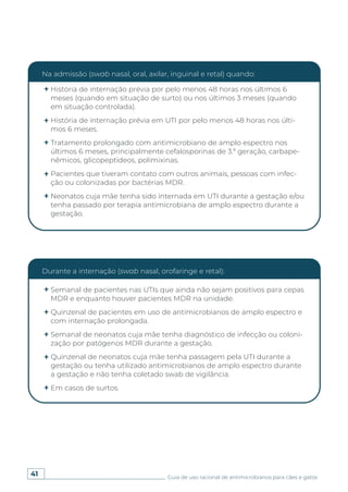 41 Guia de uso racional de antimicrobianos para cães e gatos
Na admissão (swab nasal, oral, axilar, inguinal e retal) quando:
Durante a internação (swab nasal, orofaringe e retal):
História de internação prévia por pelo menos 48 horas nos últimos 6
meses (quando em situação de surto) ou nos últimos 3 meses (quando
em situação controlada).
História de internação prévia em UTI por pelo menos 48 horas nos últi-
mos 6 meses.
Tratamento prolongado com antimicrobiano de amplo espectro nos
últimos 6 meses, principalmente cefalosporinas de 3.ª geração, carbape-
nêmicos, glicopeptídeos, polimixinas.
Pacientes que tiveram contato com outros animais, pessoas com infec-
ção ou colonizadas por bactérias MDR.
Neonatos cuja mãe tenha sido internada em UTI durante a gestação e/ou
tenha passado por terapia antimicrobiana de amplo espectro durante a
gestação.
Semanal de pacientes nas UTIs que ainda não sejam positivos para cepas
MDR e enquanto houver pacientes MDR na unidade.
Quinzenal de pacientes em uso de antimicrobianos de amplo espectro e
com internação prolongada.
Semanal de neonatos cuja mãe tenha diagnóstico de infecção ou coloni-
zação por patógenos MDR durante a gestação.
Quinzenal de neonatos cuja mãe tenha passagem pela UTI durante a
gestação ou tenha utilizado antimicrobianos de amplo espectro durante
a gestação e não tenha coletado swab de vigilância.
Em casos de surtos.
 