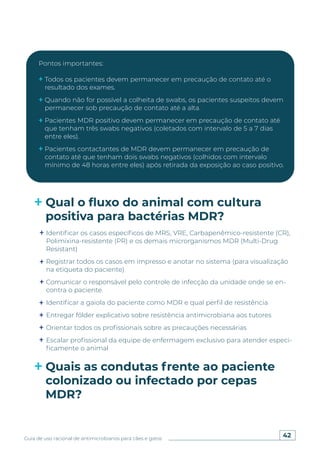 42
Guia de uso racional de antimicrobianos para cães e gatos
Pontos importantes:
Todos os pacientes devem permanecer em precaução de contato até o
resultado dos exames.
Quando não for possível a colheita de swabs, os pacientes suspeitos devem
permanecer sob precaução de contato até a alta.
Pacientes MDR positivo devem permanecer em precaução de contato até
que tenham três swabs negativos (coletados com intervalo de 5 a 7 dias
entre eles).
Pacientes contactantes de MDR devem permanecer em precaução de
contato até que tenham dois swabs negativos (colhidos com intervalo
mínimo de 48 horas entre eles) após retirada da exposição ao caso positivo.
Identificar os casos específicos de MRS, VRE, Carbapenêmico-resistente (CR),
Polimixina-resistente (PR) e os demais microrganismos MDR (Multi-Drug
Resistant)
Registrar todos os casos em impresso e anotar no sistema (para visualização
na etiqueta do paciente)
Comunicar o responsável pelo controle de infecção da unidade onde se en-
contra o paciente.
Identificar a gaiola do paciente como MDR e qual perfil de resistência
Entregar fôlder explicativo sobre resistência antimicrobiana aos tutores
Orientar todos os profissionais sobre as precauções necessárias
Escalar profissional da equipe de enfermagem exclusivo para atender especi-
ficamente o animal
Qual o fluxo do animal com cultura
positiva para bactérias MDR?
Quais as condutas frente ao paciente
colonizado ou infectado por cepas
MDR?
 