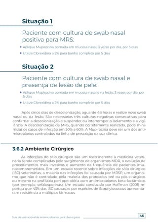 46
Guia de uso racional de antimicrobianos para cães e gatos
Situação 1
Situação 2
Paciente com cultura de swab nasal
positiva para MRS:
Paciente com cultura de swab nasal e
presença de lesão de pele:
Aplique Mupirocina pomada em mucosa nasal, 3 vezes por dia, por 5 dias
Utilize Clorexidina a 2% para banho completo por 5 dias
Aplique Mupirocina pomada em mucosa nasal e na lesão, 3 vezes por dia, por
5 dias
Utilize Clorexidina a 2% para banho completo por 5 dias
Após cinco dias de descolonização, aguarde 48 horas e realize novo swab
nasal ou da lesão. São necessárias três culturas negativas consecutivas para
confirmar a descolonização e suspender ou interromper o isolamento e a vigi-
lância. A descolonização de MRS, quando corretamente realizada, pode mini-
mizar os casos de infecção em 30% a 60%. A Mupirocina deve ser um dos anti-
microbianos controlados na linha de prescrição da sua clínica.
As infecções do sítio cirúrgico são um risco inerente à medicina veteri-
nária sendo complicadas pelo surgimento de organismos MDR, a evolução de
procedimentos mais invasivos e aumento da frequência de pacientes imu-
nocomprometidos. Em um estudo recente sobre infecções de sítio cirúrgico
(ISC) veterinárias, a maioria das infecções foi causada por MRSP, um organis-
mo que não é controlado pela maioria dos protocolos pré ou pós-cirúrgicos
ou mesmo na profilaxia peri operatória com antimicrobianos beta-lactâmicos
(por exemplo, cefalosporinas). Um estudo conduzido por Hoffman (2001) re-
portou que 43% das ISC causadas por espécies de Staphylococcus apresenta-
ram resistência a múltiplos fármacos.
3.6.2 Ambiente Cirúrgico
 