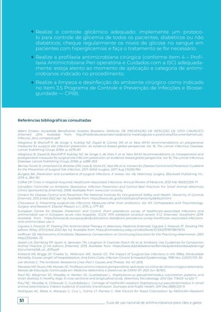 51 Guia de uso racional de antimicrobianos para cães e gatos
Realize o controle glicêmico adequado: implemente um protoco-
lo para controle de glicemia de todos os pacientes, diabéticos ou não
diabéticos; cheque regularmente os níveis de glicose no sangue em
pacientes com hiperglicemias e faça o tratamento se for necessário.
Realize a profilaxia antimicrobiana cirúrgica (conforme item 4 – Profi-
laxia Antimicrobiana Peri operatória e Cuidados com a ISC) adequada-
mente: esteja atento ao momento de aplicação e categoria de antimi-
crobianos indicado no procedimento.
Realize a limpeza e desinfecção do ambiente cirúrgico como indicado
no Item 3.5 Programa de Controle e Prevenção de Infecções e Biosse-
guridade — CPIB).
Referências bibliográficas consultadas
Albert Einsten Sociedade Beneficente Israelita Brasileira. MANUAL DE PREVENÇÃO DE INFECÇÃO DE SÍTIO CIRÚRGICO
[Internet]. 2014. Available from: http://medicalsuite.einstein.br/pratica-medica/guias-e-protocolos/Documents/manual_
infeccao_zero_compacto.pdf
Allegranzi B, Bischoff P, de Jonge S, Kubilay NZ, Zayed B, Gomes SM, et al. New WHO recommendations on preoperative
measures for surgical site infection prevention: an evidence-based global perspective. Vol. 16, The Lancet Infectious Diseases.
Lancet Publishing Group; 2016a. p. e276–87.
Allegranzi B, Zayed B, Bischoff P, Kubilay NZ, de Jonge S, de Vries F, et al. New WHO recommendations on intraoperative and
postoperative measures for surgical site infection prevention: an evidence-based global perspective. Vol. 16, The Lancet Infectious
Diseases. Lancet Publishing Group; 2016b. p. e288–303.
Berríos-Torres SI, Umscheid CA, Bratzler DW, Leas B, Stone EC, Kelz RR, et al. Centers for Disease Control and Prevention Guideline
for the Prevention of Surgical Site Infection, 2017. JAMA Surgery. 2017 Aug 1;152(8):784.
Burgess BA. Prevention and surveillance of surgical infections: A review. Vol. 48, Veterinary Surgery. Blackwell Publishing Inc.;
2019. p. 284–90.
Calfee DP. Crisis in Hospital-Acquired, Healthcare-Associated Infections. Annual Review of Medicine. 2012 Feb 18;63(1):359–71.
Canadian Committe on Antibiotic Resistance. Infection Prevention and Control Best Practices For Small Animal Veterinary
Clinics Sponsored by [Internet]. 2008. Available from: www.ccar-ccra.org
Centers for Disease Control and Prevention-The National Institute for Occupational Safety and Health. Hierarchy of Controls
[Internet]. 2015 [cited 2022 Apr 14]. Available from: https://www.cdc.gov/niosh/topics/hierarchy/default.html
Chauveaux D. Preventing surgical-site infections: Measures other than antibiotics. Vol. 101, Orthopaedics and Traumatology:
Surgery and Research. Elsevier Masson s.r.l.; 2015. p. S77–83.
European Centre for Disease Prevention and Control. Point prevalence survey of healthcare-associated infections and
antimicrobial use in European acute care hospitals : ECDC PPS validation protocol version 3.1.2. [Internet]. Stockholm; 2019.
Available from: https://www.ecdc.europa.eu/en/publications-data/point-prevalence-survey-healthcare-associated-infections-
and-antimicrobial-use-4
Giguère S, Prescott JF, Doeling PM. Antimicrobial Therapy in Veterinary Medicine [Internet]. Giguère S, Prescott JF, Dowling PM,
editors. Wiley; 2013 [cited 2022 Apr 14]. Available from: https://onlinelibrary.wiley.com/doi/book/10.1002/9781118675014
Hoffman SB. Mechanisms of Antibiotic Resistance. Compendium on Continuing Education for the Practicing Veterinarian. 2001
May;23(5):464–72.
Jessen LR, Damborg PP, Spohr A, Sørensen TM, Langhorn R, Goericke-Pesch SK, et al. Antibiotic Use Guidelines for Companion
Animal Practice (2 nd edition) [Internet]. 2019. Available from: https://www.ddd.dk/sektioner/familiedyr/antibiotikavejledning/
Documents/AB_uk_2019.pdf
Kirkland KB, Briggs JP, Trivette SL, Wilkinson WE, Sexton DJ. The Impact of Surgical-Site Infections in the 1990s: Attributable
Mortality, Excess Length of Hospitalization, And Extra Costs. Infection Control & Hospital Epidemiology. 1999 Nov 2;20(11):725–30.
Lee Ventola C. The Antibiotic Resistance Crisis Part 1: Causes and Threats. Vol. 40. 2015.
Menezes MP, Ruaro MA, Moraes PC. Profilaxia antimicrobiana perioperatória: aplicação na rotina da clínica cirúrgica veterinária.
Revista de Educação Continuada em Medicina Veterinária e Zootecnia do CRMV-SP. 2021 Jun 18;19(1).
Paul NC, Bärgman SC, Moodley A, Nielsen SS, Guardabassi L. Staphylococcus pseudintermedius colonization patterns and
strain diversity in healthy dogs: A cross-sectional and longitudinal study. Veterinary Microbiology. 2012 Dec 7;160(3–4):420–7.
Paul NC, Moodley A, Ghibaudo G, Guardabassi L. Carriage of methicillin-resistant Staphylococcus pseudintermedius in small
animal veterinarians: Indirect evidence of zoonotic transmission. Zoonoses and Public Health. 2011 Dec;58(8):533–9.
Rodrigues AC, Belas A, Marques C, Cruz L, Gama LT, Pomba C. Risk Factors for Nasal Colonization by Methicillin-Resistant
 