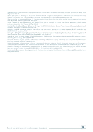 52
Guia de uso racional de antimicrobianos para cães e gatos
Staphylococci in Healthy Humans in Professional Daily Contact with Companion Animals in Portugal. Microb Drug Resist. 2018
May 1;24(4):434–46.
Shoen HRC, Rose SJ, Ramsey SA, de Morais H, Bermudez LE. Analysis of Staphylococcus infections in a veterinary teaching
hospital from 2012 to 2015. Comparative Immunology, Microbiology and Infectious Diseases. 2019 Oct 1;66.
Singh A, Walker M, Rousseau J, Weese JS. Characterization of the biofilm forming ability of Staphylococcus pseudintermedius
from dogs. BMC Veterinary Research. 2013;9(1):93.
Singh A, Weese JS. Wound infections and antimicrobial use. In: Johnston SA, Tobias KM, editors. Veterinary Surgery: Small
Animal. 2nd ed. New York: Elsevier; 2017. p. 530–48.
Stull JW, Bjorvik E, Bub J, Dvorak G, Petersen C, Troyer HL. 2018 AAHA Infection Control, Prevention, and Biosecurity Guidelines. J
Am Anim Hosp Assoc. 2018 Nov 1;54(6):297–326.
UNIMED. GUIA DE ANTIMICROBIANOS: PROTOCOLOS E DIRETRIZES, ANTIBIOTICOTERAPIA E PREVENÇÃO DE INFECÇÕES
HOSPITALARES. Londrina; 2016.
Verwilghen D, Singh A. Fighting Surgical Site Infections in Small Animals. Are We Getting Anywhere? Vol. 45, Veterinary Clinics of
North America - Small Animal Practice. W.B. Saunders; 2015. p. 243–76.
Walther B, Tedin K, Lübke-Becker A. Multidrug-resistant opportunistic pathogens challenging veterinary infection control.
Veterinary Microbiology. 2017 Feb 1;200:71–8.
Weese JS. A review of post-operative infections in veterinary orthopaedic surgery. Veterinary and Comparative Orthopaedics
and Traumatology. 2008 Dec 17;21(02):99–105.
Weese JS, Giguère S, Guardabassi L, Morley PS, Papich M, Ricciuto DR, et al. ACVIM Consensus Statement on Therapeutic
Antimicrobial Use in Animals and Antimicrobial Resistance. Journal of Veterinary Internal Medicine. 2015 Mar 1;29(2):487–98.
Weese JS, Halling KB. Perioperative administration of antimicrobials associated with elective surgery for cranial cruciate
ligament rupture in dogs: 83 cases (2003–2005). J Am Vet Med Assoc. 2006 Jul;229(1):92–5.
World Health Organization. Global guidelines for the prevention of surgical site infection [Internet]. Geneva; 2016. Available from:
http://www.who.int
 