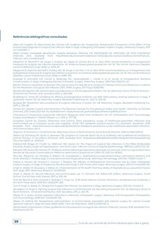 59 Guia de uso racional de antimicrobianos para cães e gatos
Referências bibliográficas consultadas
Aiken MJ, Hughes TK, Abercromby RH, Holmes MA, Anderson AA. Prospective, Randomized Comparison of the Effect of Two
Antimicrobial Regimes on Surgical Site Infection Rate in Dogs Undergoing Orthopedic Implant Surgery. Veterinary Surgery. 2015
Jul 1;44(5):661–7.
Albert Einsten Sociedade Beneficente Israelita Brasileira. MANUAL DE PREVENÇÃO DE INFECÇÃO DE SÍTIO CIRÚRGICO
[Internet]. 2014. Available from: http://medicalsuite.einstein.br/pratica-medica/guias-e-protocolos/Documents/manual_
infeccao_zero_compacto.pdf
Allegranzi B, Bischoff P, de Jonge S, Kubilay NZ, Zayed B, Gomes SM, et al. New WHO recommendations on preoperative
measures for surgical site infection prevention: an evidence-based global perspective. Vol. 16, The Lancet Infectious Diseases.
Lancet Publishing Group; 2016a. p. e276–87.
Allegranzi B, Zayed B, Bischoff P, Kubilay NZ, de Jonge S, de Vries F, et al. New WHO recommendations on intraoperative and
postoperative measures for surgical site infection prevention: an evidence-based global perspective. Vol. 16, The Lancet Infectious
Diseases. Lancet Publishing Group; 2016b. p. e288–303.
Andrade N, Schmiedt CW, Cornell K, Radlinsky MG, Heidingsfelder L, Clarke K, et al. Survey of Intraoperative Bacterial
Contamination in Dogs Undergoing Elective Orthopedic Surgery. Veterinary Surgery. 2016 Feb 1;45(2):214–22.
Berríos-Torres SI, Umscheid CA, Bratzler DW, Leas B, Stone EC, Kelz RR, et al. Centers for Disease Control and Prevention Guideline
for the Prevention of Surgical Site Infection, 2017. JAMA Surgery. 2017 Aug 1;152(8):784.
Boothe DM, Boothe HW. Antimicrobial Considerations in the Perioperative Patient. Vol. 45, Veterinary Clinics of North America -
Small Animal Practice. W.B. Saunders; 2015. p. 585–608.
Budsberg SC, Torres BT, Sandberg GS. Efficacy of postoperative antibiotic use after tibial plateau leveling osteotomy in dogs: A
systematic review. Vol. 50, Veterinary Surgery. Blackwell Publishing Inc.; 2021. p. 729–39.
Burgess BA. Prevention and surveillance of surgical infections: A review. Vol. 48, Veterinary Surgery. Blackwell Publishing Inc.;
2019. p. 284–90.
Centers for Disease Control and Prevention-The National Institute for Occupational Safety and Health. Hierarchy of Controls
[Internet]. 2015 [cited 2022 Apr 14]. Available from: https://www.cdc.gov/niosh/topics/hierarchy/default.html
Chauveaux D. Preventing surgical-site infections: Measures other than antibiotics. Vol. 101, Orthopaedics and Traumatology:
Surgery and Research. Elsevier Masson s.r.l.; 2015. p. S77–83.
European Centre for Disease Prevention and Control. Point prevalence survey of healthcare-associated infections and
antimicrobial use in European acute care hospitals : ECDC PPS validation protocol version 3.1.2. [Internet]. Stockholm; 2019.
Available from: https://www.ecdc.europa.eu/en/publications-data/point-prevalence-survey-healthcare-associated-infections-
and-antimicrobial-use-4
Hagman R. Pyometra in Small Animals. Veterinary Clinics of North America: Small Animal Practice. 2018 Jul;48(4):639–61.
Jessen LR, Damborg PP, Spohr A, Sørensen TM, Langhorn R, Goericke-Pesch SK, et al. Antibiotic Use Guidelines for Companion
Animal Practice (2 nd edition) [Internet]. 2019. Available from: https://www.ddd.dk/sektioner/familiedyr/antibiotikavejledning/
Documents/AB_uk_2019.pdf
Kirkland KB, Briggs JP, Trivette SL, Wilkinson WE, Sexton DJ. The Impact of Surgical-Site Infections in the 1990s: Attributable
Mortality, Excess Length of Hospitalization, And Extra Costs. Infection Control & Hospital Epidemiology. 1999 Nov 2;20(11):725–30.
Menezes MP, Ruaro MA, Moraes PC. Profilaxia antimicrobiana perioperatória: aplicação na rotina da clínica cirúrgica veterinária.
Revista de Educação Continuada em Medicina Veterinária e Zootecnia do CRMV-SP. 2021 Jun 18;19(1).
Paul NC, Bärgman SC, Moodley A, Nielsen SS, Guardabassi L. Staphylococcus pseudintermedius colonization patterns and
strain diversity in healthy dogs: A cross-sectional and longitudinal study. Veterinary Microbiology. 2012 Dec 7;160(3–4):420–7.
Pratesi A, Moores AP, Downes C, Grierson J, Maddox TW. Efficacy of Postoperative Antimicrobial Use for Clean Orthopedic
Implant Surgery in Dogs: A Prospective Randomized Study in 100 Consecutive Cases. Veterinary Surgery. 2015 Jul 1;44(5):653–60.
Singh A, Walker M, Rousseau J, Weese JS. Characterization of the biofilm forming ability of Staphylococcus pseudintermedius
from dogs. BMC Veterinary Research. 2013;9(1):93.
Singh A, Weese JS. Wound infections and antimicrobial use. In: Johnston SA, Tobias KM, editors. Veterinary Surgery: Small
Animal. 2nd ed. New York: Elsevier; 2017. p. 530–48.
Stull JW, Bjorvik E, Bub J, Dvorak G, Petersen C, Troyer HL. 2018 AAHA Infection Control, Prevention, and Biosecurity Guidelines. J
Am Anim Hosp Assoc. 2018 Nov 1;54(6):297–326.
Turk R, Singh A, Weese JS. Prospective Surgical Site Infection Surveillance in Dogs. Veterinary Surgery. 2015 Jan 1;44(1):2–8.
Verwilghen D, Singh A. Fighting Surgical Site Infections in Small Animals. Are We Getting Anywhere? Vol. 45, Veterinary Clinics of
North America - Small Animal Practice. W.B. Saunders; 2015. p. 243–76.
Weese JS. A review of post-operative infections in veterinary orthopaedic surgery. Veterinary and Comparative Orthopaedics
and Traumatology. 2008 Dec 17;21(02):99–105.
Weese JS, Halling KB. Perioperative administration of antimicrobials associated with elective surgery for cranial cruciate
ligament rupture in dogs: 83 cases (2003–2005). J Am Vet Med Assoc. 2006 Jul;229(1):92–5.
World Health Organization. Global guidelines for the prevention of surgical site infection [Internet]. Geneva; 2016. Available from:
http://www.who.int
 