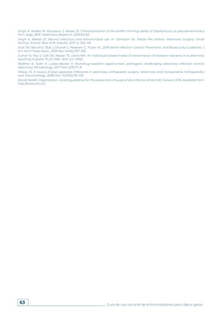 63 Guia de uso racional de antimicrobianos para cães e gatos
Singh A, Walker M, Rousseau J, Weese JS. Characterization of the biofilm forming ability of Staphylococcus pseudintermedius
from dogs. BMC Veterinary Research. 2013;9(1):93.
Singh A, Weese JS. Wound infections and antimicrobial use. In: Johnston SA, Tobias KM, editors. Veterinary Surgery: Small
Animal. 2nd ed. New York: Elsevier; 2017. p. 530–48.
Stull JW, Bjorvik E, Bub J, Dvorak G, Petersen C, Troyer HL. 2018 AAHA Infection Control, Prevention, and Biosecurity Guidelines. J
Am Anim Hosp Assoc. 2018 Nov 1;54(6):297–326.
Suthar N, Roy S, Call DR, Besser TE, Davis MA. An individual-based model of transmission of resistant bacteria in a veterinary
teaching hospital. PLoS ONE. 2014 Jun 3;9(6).
Walther B, Tedin K, Lübke-Becker A. Multidrug-resistant opportunistic pathogens challenging veterinary infection control.
Veterinary Microbiology. 2017 Feb 1;200:71–8.
Weese JS. A review of post-operative infections in veterinary orthopaedic surgery. Veterinary and Comparative Orthopaedics
and Traumatology. 2008 Dec 17;21(02):99–105.
World Health Organization. Global guidelines for the prevention of surgical site infection [Internet]. Geneva; 2016. Available from:
http://www.who.int
 