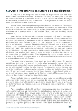 66
Guia de uso racional de antimicrobianos para cães e gatos
A cultura e o antibiograma são exames de diagnósticos que nos auxi-
liam a identificar corretamente a bactéria causadora da infecção e quais são
os antimicrobianos que possuem eficácia in vitro para eliminar esse microrga-
nismo. Assim, a solicitação dessa ferramenta de diagnóstico aumenta a acurá-
cia e a assertividade do tratamento.
Apesar disso, nem sempre conseguimos realizar a cultura e o antibiogra-
ma, pois outros fatores externos podem estar envolvidos, por exemplo: o tutor
do animal não autoriza a realização do exame, proximidade com laboratórios
que realizam o exame, entre outros. Nesses casos, a terapia empírica se faz
necessária.
Além desses fatores, existem situações em que a cultura e o antibiogra-
ma não são necessários para a realização do tratamento devido principalmen-
te a baixa sensibilidade e especificidade do exame. Um dos principais exem-
plos acontece nas infecções agudas do trato respiratório superior de cães e
gatos, visto que os principais patógenos dessas infecções, Mycoplasma, Bor-
detella bronchiseptica e Chlamydophila felis (em felinos), não apresentam
crescimento em meios de culturas convencionais utilizados na rotina labora-
torial. Solicitar a cultura e o antibiograma nesses casos pode mais atrapalhar o
clínico do que auxiliar, dado que a chance de isolamento de microrganismos
da microbiota do local (como os Staphylococcus) é muito grande e assim o
tratamento seria direcionado para um microrganismo que não necessaria-
mente está causando a infecção.
Outro exemplo importante onde a cultura e o antibiograma não são ne-
cessários é em casos de animais com diarreias, sanguinolentas ou não, sem
nenhum outro sinal clínico acompanhado, pois a chance de isolar uma bacté-
ria da microbiota intestinal é muito grande. Nesses casos nem mesmo o uso
do antimicrobiano é indicado, pois, a diarreia tende a ser autolimitante (onde
não há nenhum outro comprometimento do quadro clínico do animal) e ain-
da o antimicrobiano pode causar uma disbiose intestinal favorecendo o cres-
cimento de outros microrganismos patogênicos.
Por outro lado, existem situações em que a cultura e o antibiograma são
extremamente importantes para o sucesso do tratamento do animal, visto
que uma bactéria multirresistente pode ser a causa da infecção e a eficácia
do tratamento se faz necessária quanto antes para não comprometer a vida
do animal.
Para infecções onde bactérias Gram negativas apresentam grandes pre-
valências também se faz indispensável a solicitação da cultura e o antibiogra-
ma, pois a variedade desse grupo bacteriano é muito grande, assim como a
resistência intrínseca de cada uma delas. Talvez o principal exemplo sejam as
infecções causadas por Pseudomonas aeruginosas que apresentam resistên-
cia intrínseca aos principais antimicrobianos utilizados na rotina clínica de pe-
quenos animais (amoxacilina com clavulanato, ceftriaxona, cefalosporinas de
primeira e segunda geração, tetraciclinas, sulfas com trimetoprim, entre ou-
6.2 Qual a importância da cultura e do antibiograma?
 