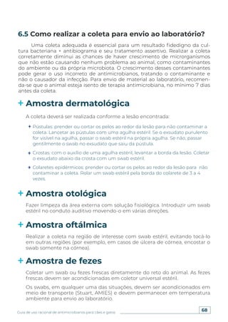68
Guia de uso racional de antimicrobianos para cães e gatos
Uma coleta adequada é essencial para um resultado fidedigno da cul-
tura bacteriana + antibiograma e seu tratamento assertivo. Realizar a coleta
corretamente diminui as chances de haver crescimento de microrganismos
que não estão causando nenhum problema ao animal, como contaminantes
do ambiente ou da própria microbiota. O crescimento desses contaminantes
pode gerar o uso incorreto de antimicrobianos, tratando o contaminante e
não o causador da infecção. Para envio de material ao laboratório, recomen-
da-se que o animal esteja isento de terapia antimicrobiana, no mínimo 7 dias
antes da coleta.
6.5 Como realizar a coleta para envio ao laboratório?
Amostra dermatológica
Amostra otológica
Amostra oftálmica
Amostra de fezes
A coleta deverá ser realizada conforme a lesão encontrada:
Fazer limpeza da área externa com solução fisiológica. Introduzir um swab
estéril no conduto auditivo movendo-o em várias direções.
Realizar a coleta na região de interesse com swab estéril, evitando tocá-lo
em outras regiões (por exemplo, em casos de úlcera de córnea, encostar o
swab somente na córnea).
Coletar um swab ou fezes frescas diretamente do reto do animal. As fezes
frescas devem ser acondicionadas em coletor universal estéril.
Os swabs, em qualquer uma das situações, devem ser acondicionados em
meio de transporte (Stuart, AMIES) e devem permanecer em temperatura
ambiente para envio ao laboratório.
Pústulas: prender ou cortar os pelos ao redor da lesão para não contaminar a
coleta. Lancetar as pústulas com uma agulha estéril. Se o exsudato purulento
for visível na agulha, passar o swab estéril na própria agulha. Se não, passar
gentilmente o swab no exsudato que saiu da pústula.
Crostas: com o auxílio de uma agulha estéril, levantar a borda da lesão. Coletar
o exsudato abaixo da crosta com um swab estéril.
Colaretes epidérmicos: prender ou cortar os pelos ao redor da lesão para não
contaminar a coleta. Rolar um swab estéril pela borda do colarete de 3 a 4
vezes.
 