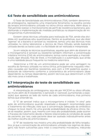 70
Guia de uso racional de antimicrobianos para cães e gatos
O Teste de Sensibilidade aos Antimicrobianos (TSA), também denomina-
do antibiograma, representa uma importante ferramenta na escolha correta
da terapia antimicrobiana utilizada na rotina clínica veterinária. Além disso, o
TSA permite realizar o monitoramento do perfil de resistência bacteriana, pos-
sibilitando a implementação de medidas profiláticas na disseminação de mi-
crorganismos multirresistentes.
Existem várias técnicas utilizadas para realização do TSA, sendo elas divi-
didas em qualitativas e/ou quantitativas. Dentre as qualitativas, que vão dizer
“apenas” se a bactéria é sensível ou resistente, temos uma das técnicas mais
utilizadas na rotina laboratorial, a técnica de Disco Difusão, sendo bastante
utilizada devido ao baixo custo e a facilidade de ser realizada e interpretada.
Já em relação às técnicas quantitativas, aquelas que além de dizerem se
o microrganismo é sensível ou resistente também informam a concentração
inibitória mínima (CIM) do antimicrobiano, temos como exemplos a macrodi-
luição, ágar diluição, fitas de Etest, a microdiluição e a automação, que ainda
é uma realidade pouco frequente na medicina veterinária.
Determinar a CIM de um antimicrobiano pode ser uma vantagem na
escolha do fármaco utilizado na rotina clínica, principalmente naquelas infec-
ções causadas por bactérias resistentes, pois com a CIM podemos ajustar o
protocolo de tratamento conforme a característica do antimicrobiano (dose
dependente ou tempo dependente), porém técnicas que determinam a CIM
são mais caras e trabalhosas.
A interpretação do antibiograma, seja ele por MIC/CIM ou disco difusão,
vai muito além do R (resistente), S (sensível) e I (sensível, aumentando a expo-
sição) que aparece ao lado do nome de cada antimicrobiano, mas primeiro
temos que entendê-las.
O “S” de sensível indica que o microrganismo é inibido “in vitro” pela
ação do antimicrobiano quando respeitada a dosagem recomendada para
o tratamento da infecção, visto que a concentração adequada do antibiótico
chegue no local. Assim, há uma grande probabilidade da eficácia clínica. De-
ve-se ressaltar, porém, que, mesmo com essa alta probabilidade, pode ocorrer
o fracasso do tratamento devido a fatores relacionados às condições de saúde
do paciente, por isso, cada paciente deve ser avaliado individualmente antes
da melhor escolha do antimicrobiano.
O “R” de resistente nos mostra uma alta probabilidade de falha terapêu-
tica, já que a concentração do antimicrobiano utilizada nos regimes de dosa-
gens não foram suficientes para inibir o crescimento microbiano, indicando
6.6 Teste de sensibilidade aos antimicrobianos
6.7 Interpretação do teste de sensibilidade aos
antimicrobianos
 