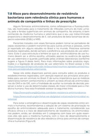 84
Guia de uso racional de antimicrobianos para cães e gatos
Alguns fármacos antimicrobianos, como cefalosporinas e fluoroquinolo-
nas, são licenciados para o tratamento de infecções comuns do trato uriná-
rio, pele e feridas superficiais em animais de companhia. No entanto, é bem
conhecido da medicina humana e veterinária que o seu uso indiscriminado
proporciona o desenvolvimento de E. coli produtora de beta-lactamase de es-
pectro estendido (ESBL) e MRS.
Pacientes tratados com esses fármacos podem tornar-se portadores de
cepas resistentes e podem transmití-las para outros animais e pessoas, como
já reportado em alguns estudos no Brasil e no mundo. Prescreva somente
produtos registrados, dando sempre a preferência aos produtos de uso veteri-
nário. Evite o usos extra-bula e lembre-se que os antimicrobianos de uso hu-
mano devem ser a última escolha, utilizados apenas na ausência de opções
de uso veterinário e quando justificado pelas análises laboratoriais (conforme
sugere a figura 9 deste item). Para mais informações sobre produtos regis-
trados e a legislação de produtos de uso veterinário no Brasil acesse o link:
https://www.gov.br/agricultura/pt-br/assuntos/insumos-agropecuarios/insu-
mos-pecuarios/produtos-veterinarios
Nesse site estão disponíveis paineis para consulta sobre os produtos e
estabelecimentos registrados, com atenção especial aos princípios ativo proi-
bidos para uso em animais no Brasil. É de suma importância que os médicos
veterinários tomem conhecimento e utilizem as listas oficiais de antimicrobia-
nos da OMS e da OIE, com a finalidade de auxiliar na tomada de decisão, pre-
servar e evitar o uso de determinadas classes, de maior criticidade para a me-
dicina humana. Para esta finalidade acessar os seguintes links:
https://www.paho.org/pt/juntos-combater-resistencia-antimicrobianos
https://www.woah.org/en/what-we-do/global-initiatives/antimicrobial-re-
sistance/
Para evitar a emergência e disseminação de cepas resistentes entre ani-
mais e humanos, recomendamos a adoção de um sistema de priorização na
escolha do antimicrobiano adequado para o tratamento, considerando sua
eficácia clínica e o risco de desenvolvimento de resistência. Os antimicrobia-
nos podem, então, ser divididos em 5 categorias com base em quão essen-
ciais eles são para a medicina humana, com o risco de desenvolvimento e
disseminação de resistência de alta relevância clínica para animais de compa-
nhia e humanos (Figura 8).
7.8 Risco para desenvolvimento de resistência
bacteriana com relevância clínica para humanos e
animais de companhia e linhas de prescrição
 