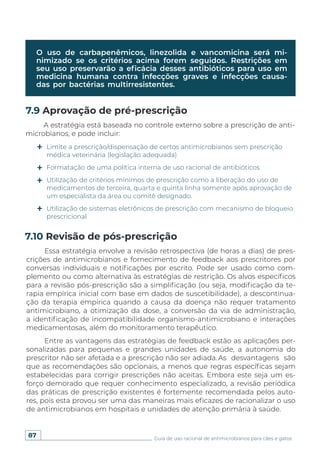87 Guia de uso racional de antimicrobianos para cães e gatos
O uso de carbapenêmicos, linezolida e vancomicina será mi-
nimizado se os critérios acima forem seguidos. Restrições em
seu uso preservarão a eficácia desses antibióticos para uso em
medicina humana contra infecções graves e infecções causa-
das por bactérias multirresistentes.
Limite a prescrição/dispensação de certos antimicrobianos sem prescrição
médica veterinária (legislação adequada)
Formatação de uma política interna de uso racional de antibióticos
Utilização de critérios mínimos de prescrição como a liberação do uso de
medicamentos de terceira, quarta e quinta linha somente após aprovação de
um especialista da área ou comitê designado.
Utilização de sistemas eletrônicos de prescrição com mecanismo de bloqueio
prescricional
A estratégia está baseada no controle externo sobre a prescrição de anti-
microbianos, e pode incluir:
Essa estratégia envolve a revisão retrospectiva (de horas a dias) de pres-
crições de antimicrobianos e fornecimento de feedback aos prescritores por
conversas individuais e notificações por escrito. Pode ser usado como com-
plemento ou como alternativa às estratégias de restrição. Os alvos específicos
para a revisão pós-prescrição são a simplificação (ou seja, modificação da te-
rapia empírica inicial com base em dados de suscetibilidade), a descontinua-
ção da terapia empírica quando a causa da doença não requer tratamento
antimicrobiano, a otimização da dose, a conversão da via de administração,
a identificação de incompatibilidade organismo-antimicrobiano e interações
medicamentosas, além do monitoramento terapêutico.
Entre as vantagens das estratégias de feedback estão as aplicações per-
sonalizadas para pequenas e grandes unidades de saúde, a autonomia do
prescritor não ser afetada e a prescrição não ser adiada. As desvantagens são
que as recomendações são opcionais, a menos que regras específicas sejam
estabelecidas para corrigir prescrições não aceitas. Embora este seja um es-
forço demorado que requer conhecimento especializado, a revisão periódica
das práticas de prescrição existentes é fortemente recomendada pelos auto-
res, pois esta provou ser uma das maneiras mais eficazes de racionalizar o uso
de antimicrobianos em hospitais e unidades de atenção primária à saúde.
7.9 Aprovação de pré-prescrição
7.10 Revisão de pós-prescrição
 
