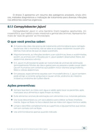 92
Guia de uso racional de antimicrobianos para cães e gatos
O Anexo 3 apresenta um resumo dos patógenos prováveis, sinais clíni-
cos, métodos diagnósticos e indicação de tratamento para diversas infecções
nos diferentes sistemas orgânicos.
Campylobacter jejuni é uma bactéria Gram-negativa oportunista, mi-
croaerofílica, que habita o trato intestinal e genital dos animais. Apresenta for-
mato de “asas de gaivota” ao microscópio.
8.1.1 Campylobacter jejuni
O que você precisa saber:
Ações preventivas:
A maioria dos cães não precisa de tratamento antimicrobiano para campylo-
bacteriose. Até o momento, não se sabe se as cepas resistentes causam pro-
blemas mais sérios do que as cepas suscetíveis.
Majoritariamente, as infecções tendem a ser subclínicas, leves e autolimitadas,
porém, os animais com infecções por C. jejuni podem desenvolver febre, dor
abdominal, diarreia e vômito.
O C. jejuni multirresistente pode ser transmitido de animais de estimação
(principalmente filhotes de cães e gatos) para as pessoas e pode causar doen-
ças em humanos com sintomas que podem incluir diarreia sanguinolenta,
febre e cólicas abdominais.
Em pessoas, especialmente aquelas com imunodeficiência, C. jejuni também
pode atingir a corrente sanguínea e causar artrite, síndrome do intestino
irritável ou síndrome de Guillain-Barré.
Sempre lave bem as mãos com água e sabão após tocar os pacientes, após
manusear seus alimentos e após limpar os restos.
Evite alimentar animais de estimação com alimentos crus, incluindo petiscos.
Use luvas descartáveis ou um saco plástico para coletar as fezes imediata-
mente. Jogue as fezes no lixo e depois lave as mãos com água morna e sabão.
Limpe e desinfete completamente as superfícies e equipamentos que estive-
ram em contato com as fezes.
Use antimicrobianos apenas quando indicado.
 