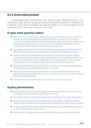 94
Guia de uso racional de antimicrobianos para cães e gatos
Enterobacterales (Escherichia coli, Proteus spp., Klebsiella spp.) e Aci-
netobacter spp. são um grupo de bastonetes gram-negativos, anaeróbios fa-
cultativos e não são formadores de esporos. Podem ser encontrados no meio
ambiente, bem como em humanos e animais.
8.1.2 Enterobacterales
O que você precisa saber:
Ações preventivas:
Escherichia coli, Proteus spp., Klebsiella spp. e Acinetobacter spp. produtora
de beta lactamase de espectro estendido (ESBL), ocorrem em humanos,
animais e no meio ambiente. A alimentação de cães e gatos com dietas cruas
tem sido apontada como uma via de transmissão para pequenos animais;
entretanto, outros modos de transmissão são possíveis.
Os resultados clínicos em animais infectados com cepas resistentes de ente-
robactérias são iguais aos resultados de infecções com cepas suscetíveis.
Todas as infecções, resistentes e suscetíveis, quando não tratadas, podem
causar doenças de longa duração, sepse aguda e outros problemas. Por outro
lado, se a infecção for tratada adequadamente, o que pode incluir agentes
antimicrobianos apropriados, essas infecções podem ser resolvidas.
Os fatores predisponentes da infecção precisam ser tratados, independente-
mente de qual cepa de bactéria causou a infecção.
Alguns antimicrobianos aprovados para animais podem ser ativos contra
cepas produtoras de ESBL; no entanto, isso deve ser confirmado por meio dos
testes de suscetibilidade.
A transmissão entre contactantes humanos e animais é possível.
Sempre lave bem as mãos com água e sabão após tocar os pacientes, após
manusear seus alimentos e após limpar os restos.
Evite alimentar animais de estimação com alimentos crus, incluindo petiscos.
Use luvas descartáveis ou um saco plástico para coletar as fezes imediata-
mente. Jogue as fezes no lixo e depois lave as mãos com água morna e sabão.
Limpe e desinfete completamente as superfícies e equipamentos que estive-
ram em contato com fezes e urina.
Desenvolva um programa de prevenção de infecção na clínica veterinária.
 