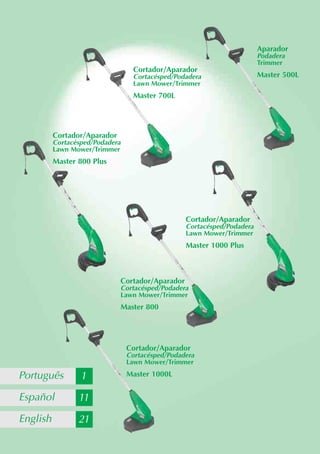 Aparador
                                                                            Podadera
                                                                            Trimmer
                                    Cortador/Aparador
                                    Cortacésped/Podadera                    Master 500L
                                    Lawn Mower/Trimmer
                                    Master 700L




          Cortador/Aparador
          Cortacésped/Podadera
          Lawn Mower/Trimmer
          Master 800 Plus




                                                     Cortador/Aparador
                                                     Cortacésped/Podadera
                                                     Lawn Mower/Trimmer
                                                     Master 1000 Plus



                                 Cortador/Aparador
                                 Cortacésped/Podadera
                                 Lawn Mower/Trimmer
                                 Master 800




                                  Cortador/Aparador
                                  Cortacésped/Podadera
                                  Lawn Mower/Trimmer

Português         1               Master 1000L


Español          11
English          21
 