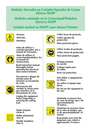 Símbolos Marcados no Cortador/Aparador de Grama
                   Elétrico TRAPP
   Símbolos señalados en la Cortacésped/Podadera
                  Eléctrico TRAPP
  Symbols marked on TRAPP Lawn Mower/Trimmer
   Atenção.                          Utilize luvas de proteção.
   Atención.                         Utilice guantes de
   Attention.                        protección.
                                     Wear protection gloves.
   Antes de utilizar o
   cortador/aparador, leia o         Utilize óculos de proteção.
   manual de instruções.             Utilice lentes de protección.
   Antes de utilizar el              Wear protection goggles.
   cortacésped/podadera, lea
   el manual de
   instrucciones.                    Coloque protetor
                                     de ouvido.
   Read instruction manual
   thoroughly before                 Coloque tapón para
   operating the electrical          los oídos.
   lawn mower/trimmer.               Wear ear protection.
   Desconecte o plugue da
   tomada antes de                   Não utilize o equipamento
   interferir na ferramenta          na chuva.
   de corte.                         No utilice el equipo bajo
   Desconectar del                   lluvia.
   enchufe la clavija antes          Do not use the equipment in
   que interfiera en la              the rain.
   herramienta de corte.
   Unplug the equipment
   before inspecting or              Mantenha as pessoas fora
   servicing the cutting             da zona de perigo, que é de
   tool.                             aproximadamente
                                     10 metros.
                               10m
                                     Mantenga las personas fuera
   Dupla isolação                    de la zona de peligro, que
   classe II.                        es de aproximadamente 10
   Doble aislamiento                 metros.
   clase II.                         Keep people away from the
   Double insulation                 dangerous zone, which is
   class II.                         approximately 10 meters.
 