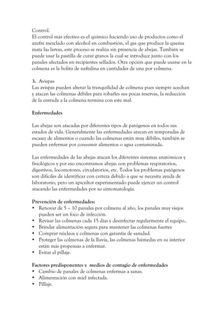 Control.
El control más efectivo es el químico haciendo uso de productos como el
azufre mezclado con alcohol en combustión, el gas que produce la quema
mata las larvas, este proceso se realiza sin presencia de abejas. También se
puede usar la pastilla de curar granos la cual se introduce junto con los
panales afectados en recipientes sellados. Otra opción que puede usarse en la
colmena es la bolita de naftalina en cantidades de una por colmena.
3. Avispas
Las avispas pueden alterar la tranquilidad de colmena pues siempre acechan
y atacan las colmenas débiles para robarles sus pocas reservas, la reducción
de la entrada a la colmena termina con este mal.
Enfermedades
Las abejas son atacadas por diferentes tipos de patógenos en todos sus
estados de vida. Generalmente las enfermedades atacan en temporadas de
escasez de alimentos o cuando las colmenas están muy débiles, también se
pueden enfermar por consumir alimentos o agua contaminada.
Las enfermedades de las abejas atacan los diferentes sistemas anatómicos y
fisiológicos y por eso encontramos abejas con problemas respiratorios,
digestivos, locomotores, circulatorios, etc. Todos los problemas patógenos
son difíciles de identificar con certeza debido a que se necesita ayuda de
laboratorio, pero un apicultor experimentado puede ejercer un control
atacando las enfermedades por su sintomatología.
Prevención de enfermedades:
• Renovar de 5 – 10 panales por colmena al año, los panales muy viejos
pueden ser un foco de infección.
• Revisar las colmenas cada 15 días y desinfectar regularmente el equipo..
• Brindar alimentación segura para mantener las colmenas fuertes
• Comprar núcleos y colmenas con garantía de sanidad.
• Proteger las colmenas de la lluvia, las colmenas húmedas en su interior
están más propensas a enfermar.
• Evitar el pillaje.
Factores predisponentes y medios de contagio de enfermedades
• Cambio de panales de colmenas enfermas a sanas.
• Alimentación con miel infectada.
• Pillaje.
 