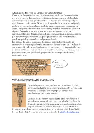 Adquisición e Inserción de Laminas de Cera Estampada
Cuando las abejas no disponen de panales como en el caso de una colmena
nueva proveniente de un enjambre, tiene que fabricarlos; para ello las abejas
constructoras consumen grandes cantidades de alimento para luego colgarse
unas de otras por lo menos 24 horas en el lugar donde se construirá el panal,
conlleva un gran esfuerzo, luego las abejas aparecen con unas escamas en su
cuerpo las que moldean con sus mandíbulas y con ellas comienzan a construir
el panal. Todo el trabajo anterior se lo podemos ahorrar a las abejas
adquiriendo laminas de cera estampada que se encuentra en el mercado apícola
y el tiempo que podrían haber ocupado produciendo cera y construyendo
panales se puede y aprovechar en el pecoreo de miel.
Las laminas de cera se insertan en los marcos alambrados utilizando un
empotrador o con energía eléctrica proveniente de una batería de 12 voltios, la
que se usa aplicando pequeñas descargas en los alambres de forma rápida para
no cortar las láminas con los mismos al calentarse mucho; las láminas de cera se
pueden adquirir con apicultores que posean una estampadora de cera ó
comprando una.
VIDA REPRODUCTIVA DE LA COLMENA
Cuando la primera reina está lista para abandonar la celda,
tiene lugar la división de la colmena (enjambra) y la reina vieja
abandona la colmena con un grupo de obreras para
establecerse en una nueva morada.
La reina, es una hembra sexualmente fértil, cuya función es
poner huevos y nace de una celda real a los 16 días después
de puesto un huevo fecundado cuya larva es alimentada a base
de jalea real durante todo su desarrollo, lo que estimula el
funcionamiento de su sistema reproductivo y le permite producir hasta 2000
huevos diarios bajo buenas condiciones estacionales ( info@todomiel.com.ar )
Cera
estampada
 