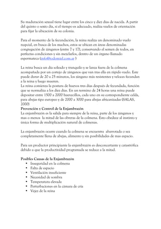 Su maduración sexual tiene lugar entre los cinco y diez días de nacida. A partir
del quinto o sexto día, si el tiempo es adecuado, realiza vuelos de orientación
para fijar la ubicación de su colonia.
Para el momento de la fecundación, la reina realiza un denominado vuelo
nupcial, en busca de los machos, estos se ubican en áreas denominadas
congregación de zánganos (entre 7 y 17), conservando el semen de todos, en
perfectas condiciones y sin mezclarlos, dentro de un órgano llamado
espermateca (info@todomiel.com.ar )
La reina busca un día soleado y tranquilo y se lanza fuera de la colmena
acompañada por un cortejo de zánganos que van tras ella en rápido vuelo. Este
puede durar de 20 a 25 minutos, los zángano más resistentes y veloces fecundan
a la reina y luego mueren.
La reina comienza la postura de huevos tres días después de fecundada, función
que se normaliza a los diez días. En un termino de 24 horas una reina puede
depositar entre 1500 a 2000 huevecillos, cada uno en su correspondiente celda,
para abejas tipo europeo y de 2000 a 3000 para abejas africanizadas (SALAS,
2000)
Prevención y Control de la Enjambrazón
La enjambrazón es la salida para siempre de la reina, parte de los zánganos y
mas o menos la mitad de las obreras de la colmena. Esto obedece al instinto y
única forma de multiplicación natural de colmenas.
La enjambrazón ocurre cuando la colmena se encuentra abarrotada o sea
completamente llena de abejas, alimento y sin posibilidades de mas espacio.
Para un productor principiante la enjambrazón es desconcertante y catastrófica
debido a que la productividad programada se reduce a la mitad.
Posibles Causas de la Enjambrazón
• Inseguridad en la colmena
• Falta de espacio
• Ventilación insuficiente
• Necesidad de sombra
• Temperatura elevada
• Perturbaciones en la cámara de cría
• Vejez de la reina
 