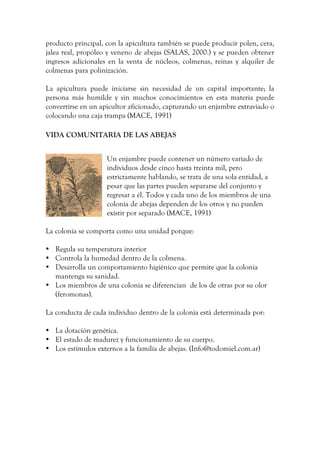producto principal, con la apicultura también se puede producir polen, cera,
jalea real, propóleo y veneno de abejas (SALAS, 2000.) y se pueden obtener
ingresos adicionales en la venta de núcleos, colmenas, reinas y alquiler de
colmenas para polinización.
La apicultura puede iniciarse sin necesidad de un capital importante; la
persona más humilde y sin muchos conocimientos en esta materia puede
convertirse en un apicultor aficionado, capturando un enjambre extraviado o
colocando una caja trampa (MACE, 1991)
VIDA COMUNITARIA DE LAS ABEJAS
Un enjambre puede contener un número variado de
individuos desde cinco hasta treinta mil, pero
estrictamente hablando, se trata de una sola entidad, a
pesar que las partes pueden separarse del conjunto y
regresar a él. Todos y cada uno de los miembros de una
colonia de abejas dependen de los otros y no pueden
existir por separado (MACE, 1991)
La colonia se comporta como una unidad porque:
• Regula su temperatura interior
• Controla la humedad dentro de la colmena.
• Desarrolla un comportamiento higiénico que permite que la colonia
mantenga su sanidad.
• Los miembros de una colonia se diferencian de los de otras por su olor
(feromonas).
La conducta de cada individuo dentro de la colonia está determinada por:
• La dotación genética.
• El estado de madurez y funcionamiento de su cuerpo.
• Los estímulos externos a la familia de abejas. (Info@todomiel.com.ar)
 