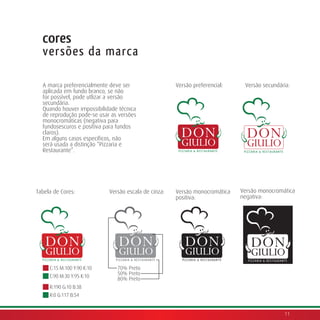 cores
  versões da marca

  A marca preferencialmente deve ser                  Versão preferencial:    Versão secundária:
  aplicada em fundo branco, se não
  for possível, pode utlizar a versão
  secundária.
  Quando houver impossibilidade técnica
  de reprodução pode-se usar as versões
  monocromáticas (negativa para
  fundosescuros e positiva para fundos
  claros).
  Em alguns casos específicos, não
  será usada a distinção “Pizzaria e
  Restaurante”.




Tabela de Cores:            Versão escala de cinza:   Versão monocromática   Versão monocromática
                                                      positiva:              negativa:




     C:15 M:100 Y:90 K:10      70% Preto
                               50% Preto
     C:90 M:30 Y:95 K:10       80% Preto
     R:190 G:10 B:38
     R:0 G:117 B:54


                                                                                             11
 