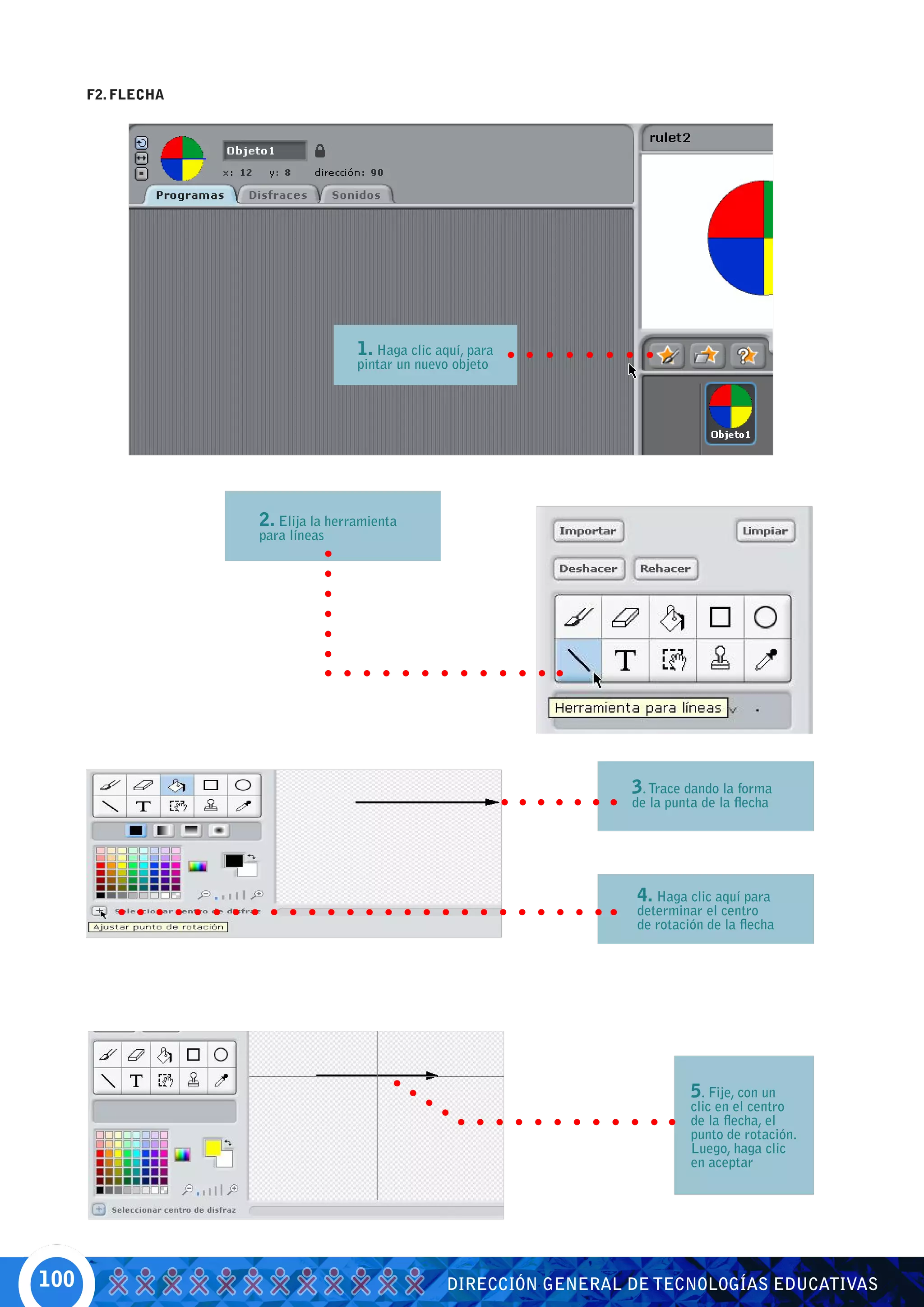 F2. FLECHA




                                   1. Haga clic aquí, para
                                   pintar un nuevo objeto




                   2. Elija la herramienta
                   para líneas




                                                                    3. Trace dando la forma
                                                                    de la punta de la flecha




                                                                    4. Haga clic aquí para
                                                                    determinar el centro
                                                                    de rotación de la flecha




                                                                              5. Fije, con un
                                                                              clic en el centro
                                                                              de la flecha, el
                                                                              punto de rotación.
                                                                              Luego, haga clic
                                                                              en aceptar




100                                               DIRECCIÓN GENERAL DE TECNOLOGÍAS EDUCATIVAS
 