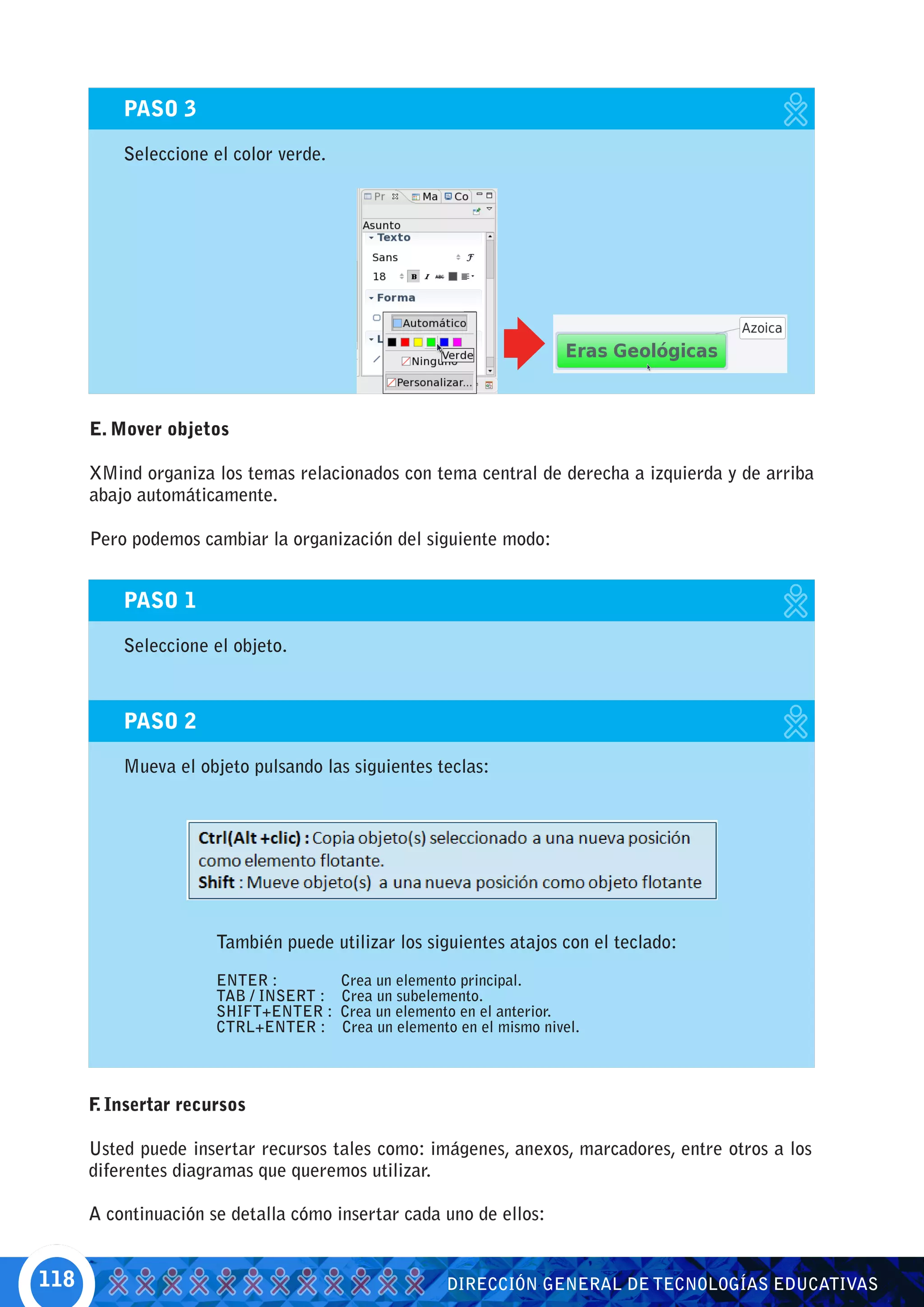 PASO 3

          Seleccione el color verde.




      E. Mover objetos

      XMind organiza los temas relacionados con tema central de derecha a izquierda y de arriba
      abajo automáticamente.

      Pero podemos cambiar la organización del siguiente modo:


          PASO 1

          Seleccione el objeto.



          PASO 2

          Mueva el objeto pulsando las siguientes teclas:




                      También puede utilizar los siguientes atajos con el teclado:

                      ENTER :          Crea un elemento principal.
                      TAB / INSERT :   Crea un subelemento.
                      SHIFT+ENTER :    Crea un elemento en el anterior.
                      CTRL+ENTER :     Crea un elemento en el mismo nivel.




      F Insertar recursos
       .

      Usted puede insertar recursos tales como: imágenes, anexos, marcadores, entre otros a los
      diferentes diagramas que queremos utilizar.

      A continuación se detalla cómo insertar cada uno de ellos:


118                                                   DIRECCIÓN GENERAL DE TECNOLOGÍAS EDUCATIVAS
 