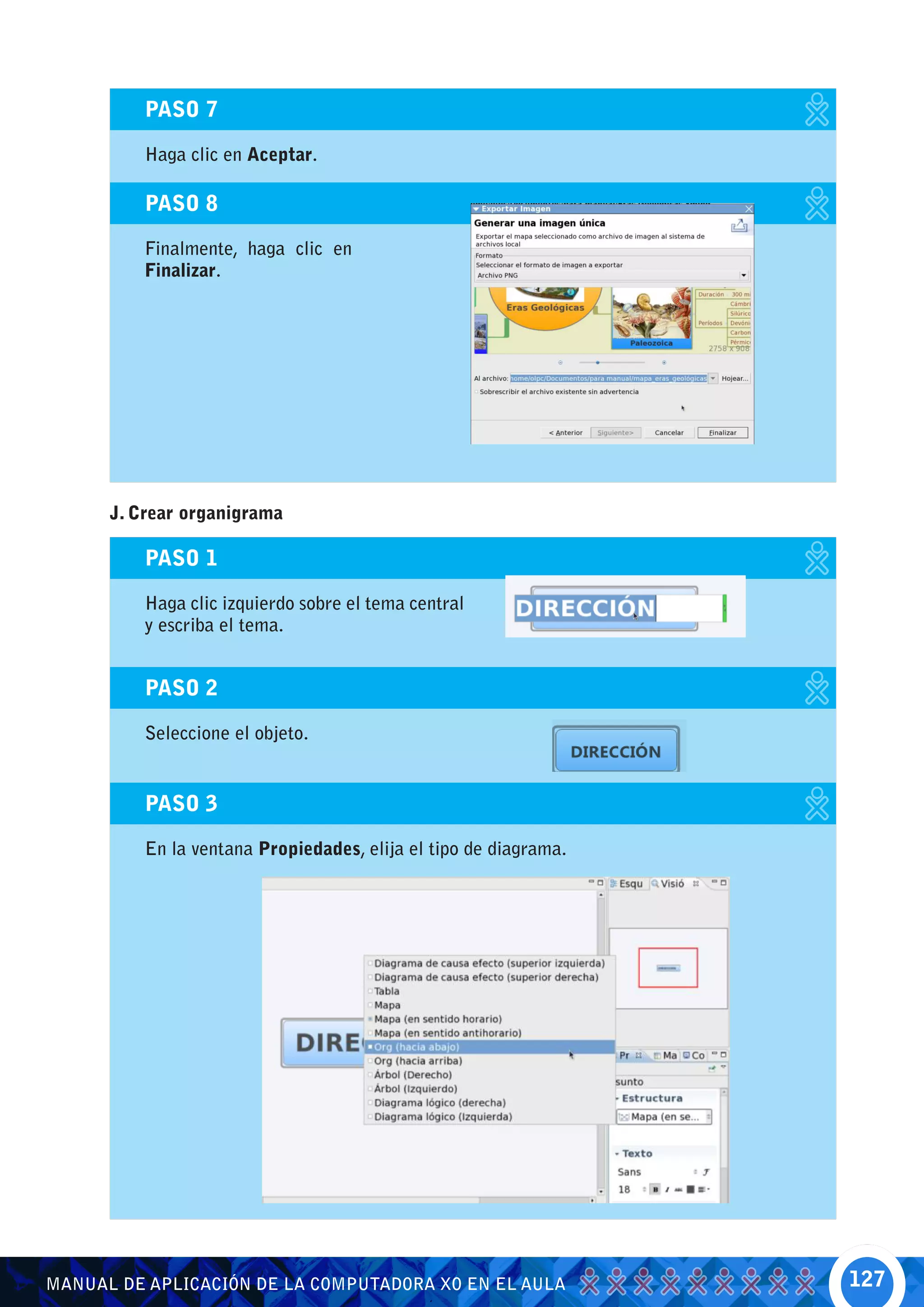 PASO 7

          Haga clic en Aceptar.

          PASO 8

          Finalmente, haga clic en
          Finalizar.




      J. Crear organigrama

          PASO 1

          Haga clic izquierdo sobre el tema central
          y escriba el tema.


          PASO 2

          Seleccione el objeto.


          PASO 3

          En la ventana Propiedades, elija el tipo de diagrama.




MANUAL DE APLICACIÓN DE LA COMPUTADORA XO EN EL AULA              127
 