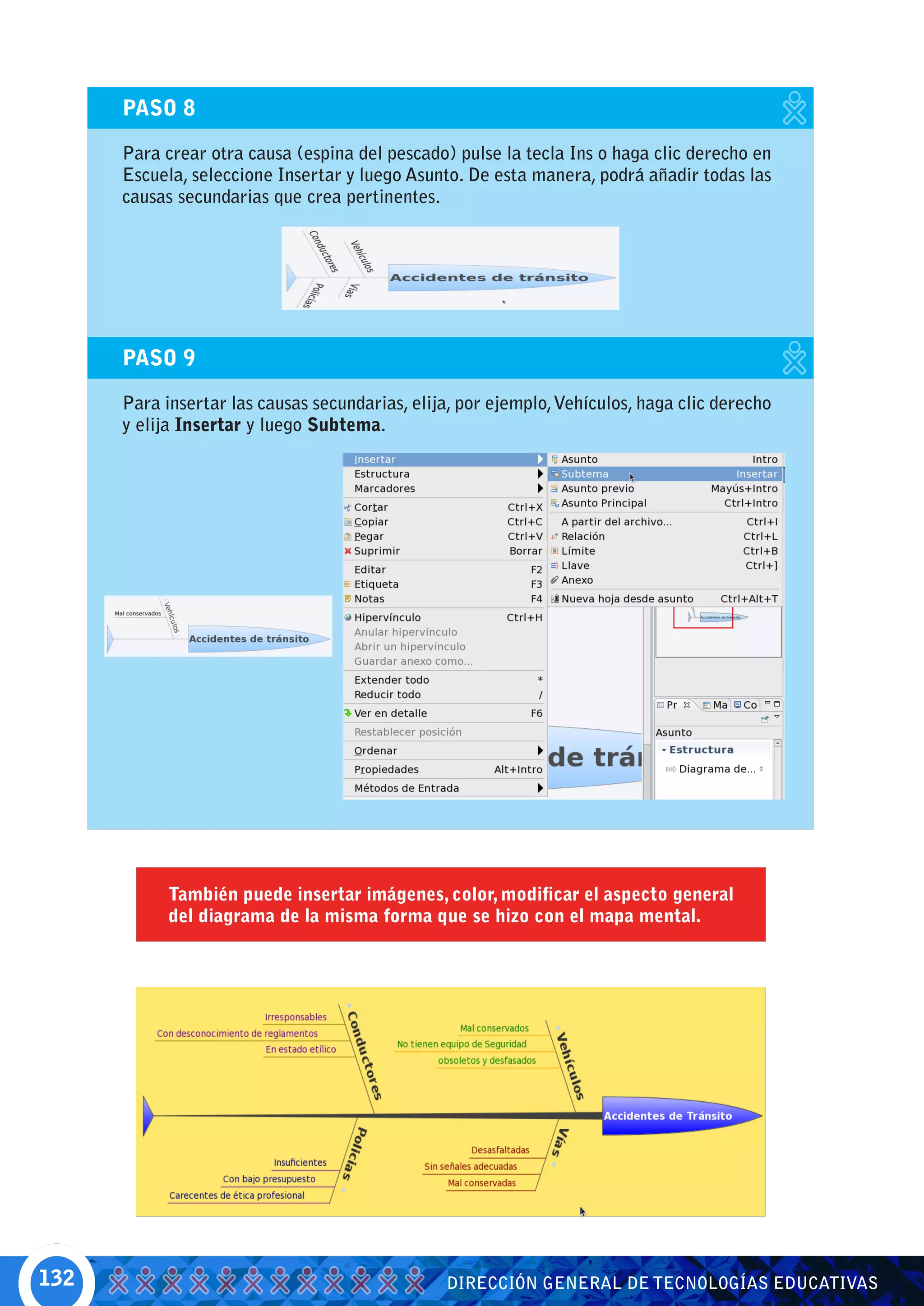 PASO 8

      Para crear otra causa (espina del pescado) pulse la tecla Ins o haga clic derecho en
      Escuela, seleccione Insertar y luego Asunto. De esta manera, podrá añadir todas las
      causas secundarias que crea pertinentes.




      PASO 9

      Para insertar las causas secundarias, elija, por ejemplo, Vehículos, haga clic derecho
      y elija Insertar y luego Subtema.




            También puede insertar imágenes, color, modificar el aspecto general
            del diagrama de la misma forma que se hizo con el mapa mental.




132                                             DIRECCIÓN GENERAL DE TECNOLOGÍAS EDUCATIVAS
 