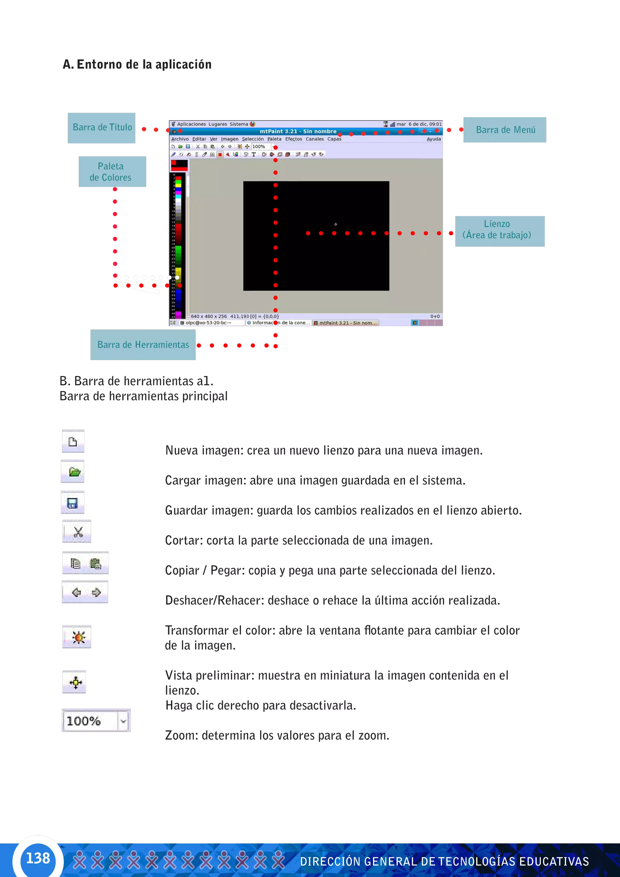 A. Entorno de la aplicación



        Barra de Título                                                                 Barra de Menú


              Paleta
            de Colores



                                                                                          Lienzo
                                                                                     (Área de trabajo)




              Barra de Herramientas


      B. Barra de herramientas a1.
      Barra de herramientas principal



                             Nueva imagen: crea un nuevo lienzo para una nueva imagen.

                             Cargar imagen: abre una imagen guardada en el sistema.

                             Guardar imagen: guarda los cambios realizados en el lienzo abierto.

                             Cortar: corta la parte seleccionada de una imagen.

                             Copiar / Pegar: copia y pega una parte seleccionada del lienzo.

                             Deshacer/Rehacer: deshace o rehace la última acción realizada.

                             Transformar el color: abre la ventana flotante para cambiar el color
                             de la imagen.

                             Vista preliminar: muestra en miniatura la imagen contenida en el
                             lienzo.
                             Haga clic derecho para desactivarla.

                             Zoom: determina los valores para el zoom.




138                                                   DIRECCIÓN GENERAL DE TECNOLOGÍAS EDUCATIVAS
 