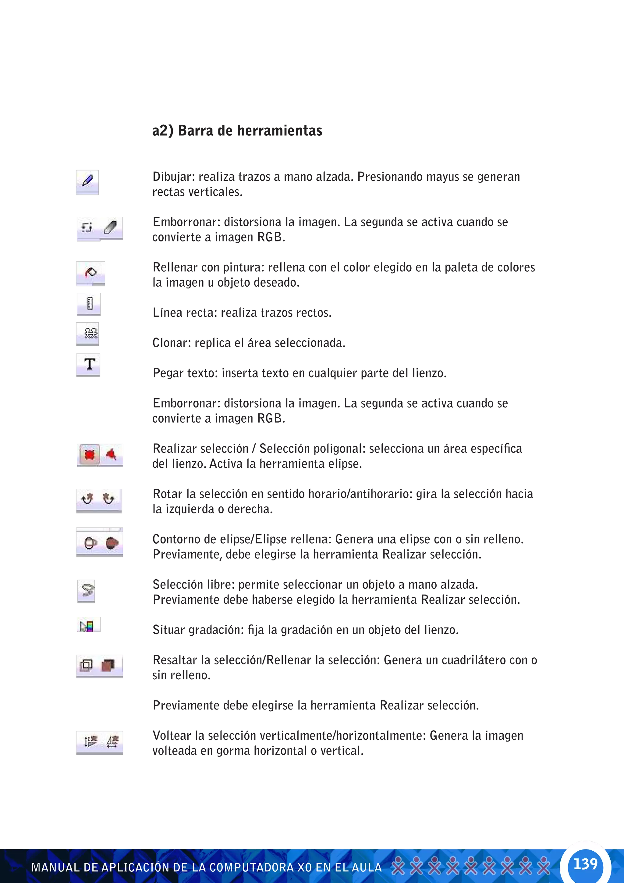 a2) Barra de herramientas


                 Dibujar: realiza trazos a mano alzada. Presionando mayus se generan
                 rectas verticales.

                 Emborronar: distorsiona la imagen. La segunda se activa cuando se
                 convierte a imagen RGB.

                 Rellenar con pintura: rellena con el color elegido en la paleta de colores
                 la imagen u objeto deseado.

                 Línea recta: realiza trazos rectos.

                 Clonar: replica el área seleccionada.

                 Pegar texto: inserta texto en cualquier parte del lienzo.

                 Emborronar: distorsiona la imagen. La segunda se activa cuando se
                 convierte a imagen RGB.

                 Realizar selección / Selección poligonal: selecciona un área específica
                 del lienzo. Activa la herramienta elipse.

                 Rotar la selección en sentido horario/antihorario: gira la selección hacia
                 la izquierda o derecha.

                 Contorno de elipse/Elipse rellena: Genera una elipse con o sin relleno.
                 Previamente, debe elegirse la herramienta Realizar selección.

                 Selección libre: permite seleccionar un objeto a mano alzada.
                 Previamente debe haberse elegido la herramienta Realizar selección.

                 Situar gradación: fija la gradación en un objeto del lienzo.

                 Resaltar la selección/Rellenar la selección: Genera un cuadrilátero con o
                 sin relleno.

                 Previamente debe elegirse la herramienta Realizar selección.

                 Voltear la selección verticalmente/horizontalmente: Genera la imagen
                 volteada en gorma horizontal o vertical.




MANUAL DE APLICACIÓN DE LA COMPUTADORA XO EN EL AULA                                          139
 