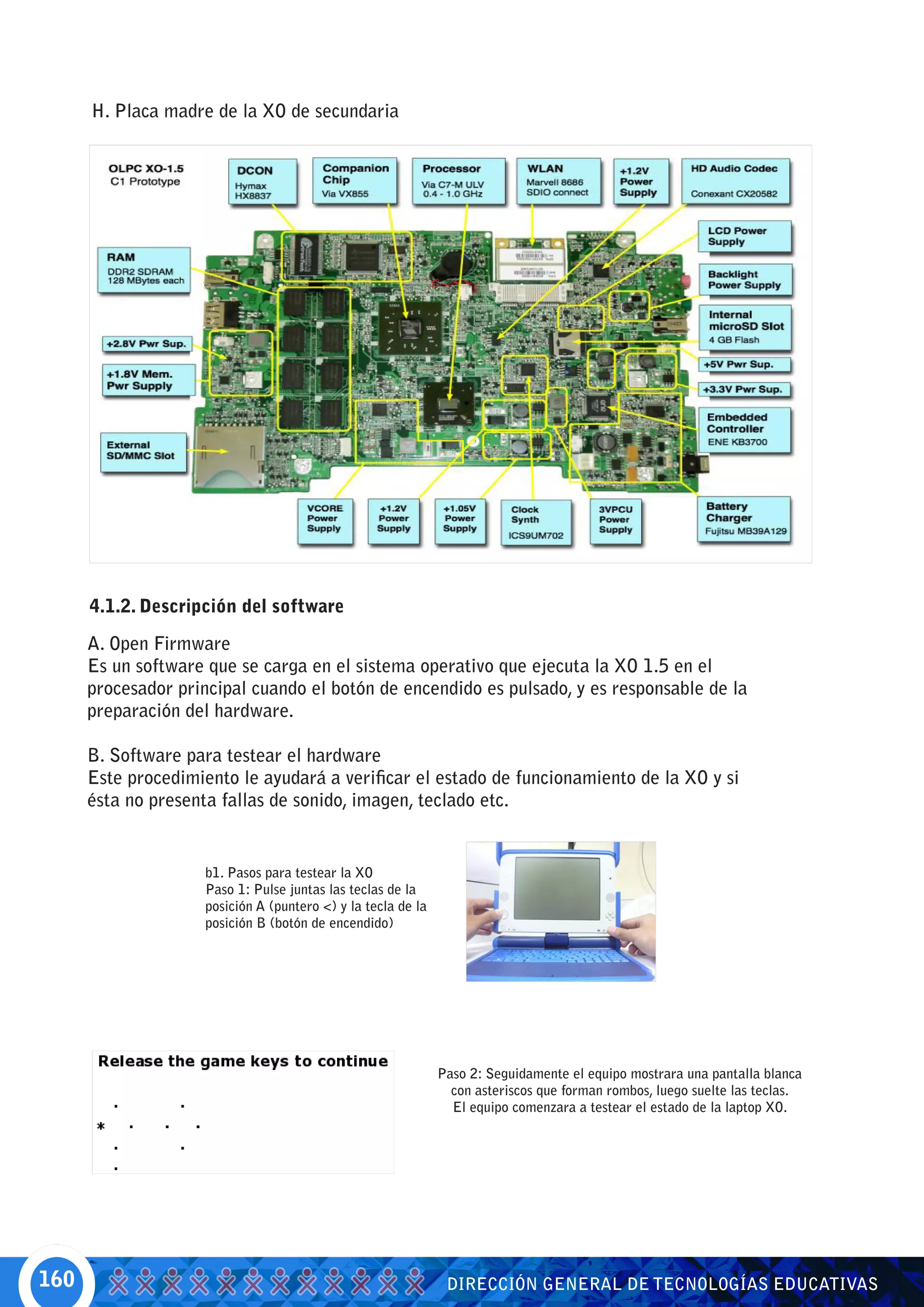 H. Placa madre de la XO de secundaria




      4.1.2. Descripción del software

      A. Open Firmware
      Es un software que se carga en el sistema operativo que ejecuta la XO 1.5 en el
      procesador principal cuando el botón de encendido es pulsado, y es responsable de la
      preparación del hardware.

      B. Software para testear el hardware
      Este procedimiento le ayudará a verificar el estado de funcionamiento de la XO y si
      ésta no presenta fallas de sonido, imagen, teclado etc.


                     b1. Pasos para testear la XO
                     Paso 1: Pulse juntas las teclas de la
                     posición A (puntero <) y la tecla de la
                     posición B (botón de encendido)




                                                               Paso 2: Seguidamente el equipo mostrara una pantalla blanca
                                                                 con asteriscos que forman rombos, luego suelte las teclas.
                                                                 El equipo comenzara a testear el estado de la laptop XO.




160                                                             DIRECCIÓN GENERAL DE TECNOLOGÍAS EDUCATIVAS
 