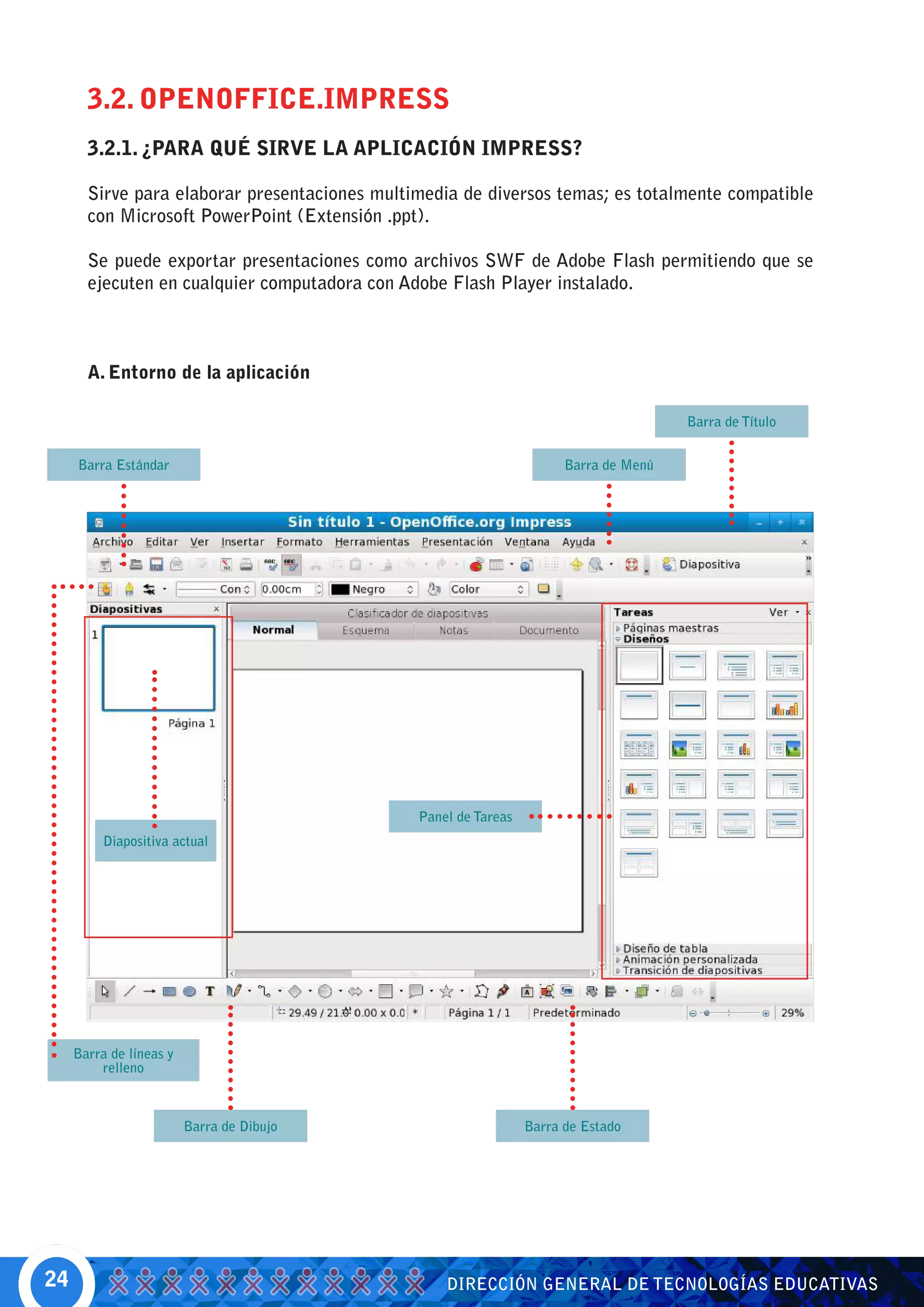 3.2. OPENOFFICE.IMPRESS
       3.2.1. ¿PARA QUÉ SIRVE LA APLICACIÓN IMPRESS?

       Sirve para elaborar presentaciones multimedia de diversos temas; es totalmente compatible
       con Microsoft PowerPoint (Extensión .ppt).

       Se puede exportar presentaciones como archivos SWF de Adobe Flash permitiendo que se
       ejecuten en cualquier computadora con Adobe Flash Player instalado.



       A. Entorno de la aplicación

                                                                                       Barra de Título


     Barra Estándar                                                    Barra de Menú




                                               Panel de Tareas
          Diapositiva actual




     Barra de líneas y
         relleno



                         Barra de Dibujo                         Barra de Estado




24                                                 DIRECCIÓN GENERAL DE TECNOLOGÍAS EDUCATIVAS
 