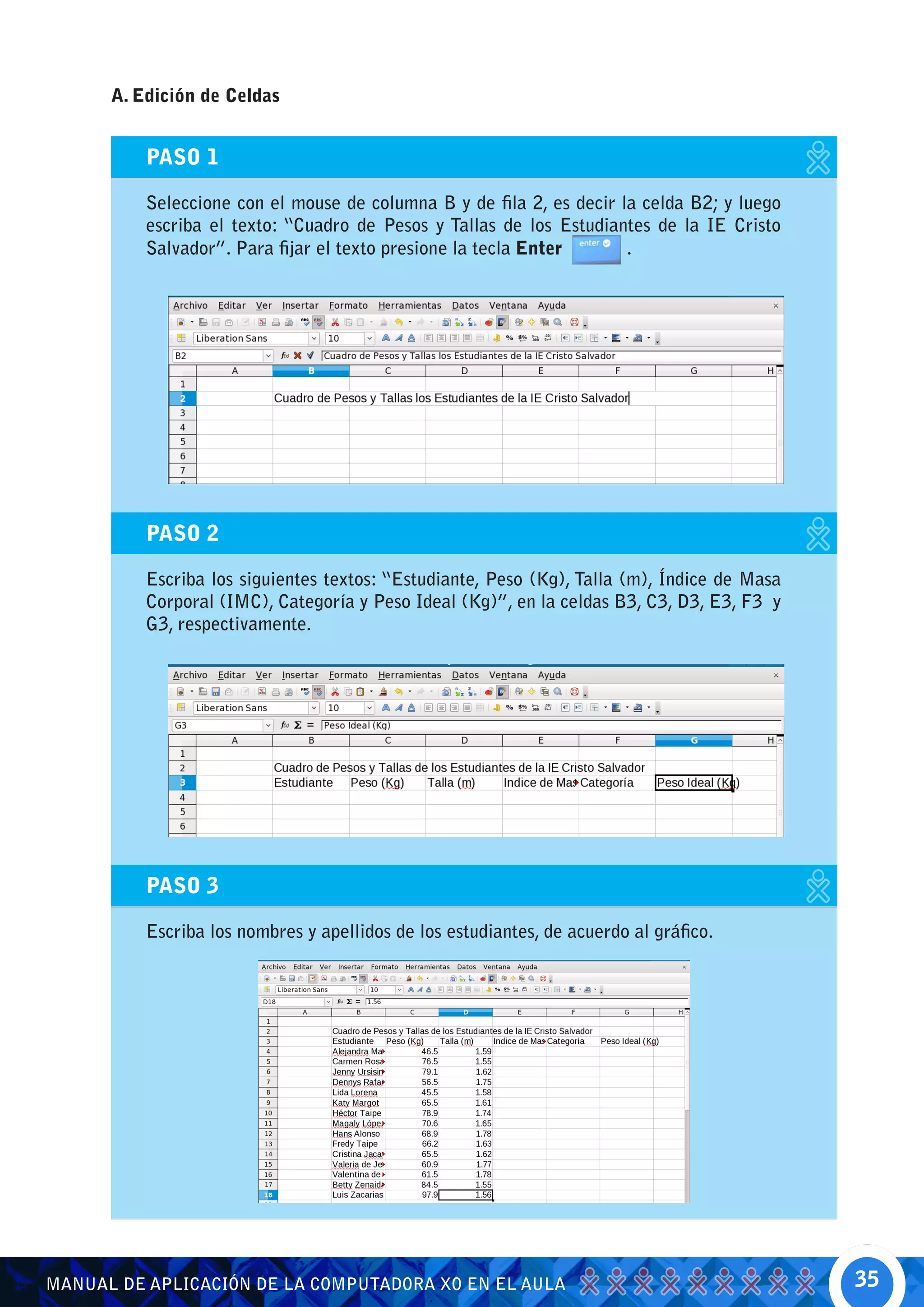 A. Edición de Celdas


          PASO 1

          Seleccione con el mouse de columna B y de fila 2, es decir la celda B2; y luego
          escriba el texto: “Cuadro de Pesos y Tallas de los Estudiantes de la IE Cristo
          Salvador”. Para fijar el texto presione la tecla Enter      .




          PASO 2

          Escriba los siguientes textos: “Estudiante, Peso (Kg), Talla (m), Índice de Masa
          Corporal (IMC), Categoría y Peso Ideal (Kg)”, en la celdas B3, C3, D3, E3, F3 y
          G3, respectivamente.




          PASO 3

          Escriba los nombres y apellidos de los estudiantes, de acuerdo al gráfico.




MANUAL DE APLICACIÓN DE LA COMPUTADORA XO EN EL AULA                                         35
 
