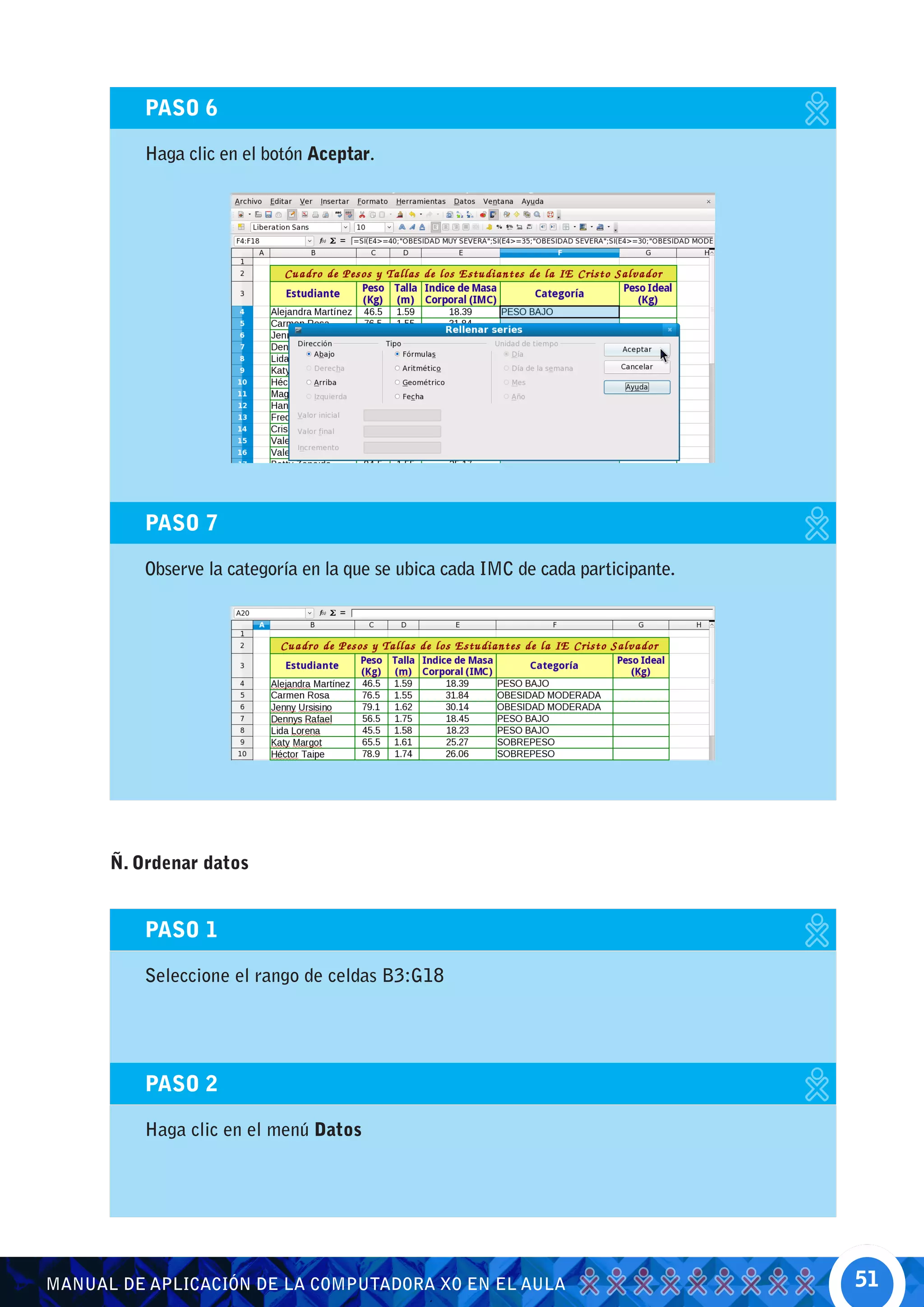 PASO 6

          Haga clic en el botón Aceptar.




          PASO 7

          Observe la categoría en la que se ubica cada IMC de cada participante.




      Ñ. Ordenar datos


          PASO 1

          Seleccione el rango de celdas B3:G18




          PASO 2

          Haga clic en el menú Datos




MANUAL DE APLICACIÓN DE LA COMPUTADORA XO EN EL AULA                               51
 