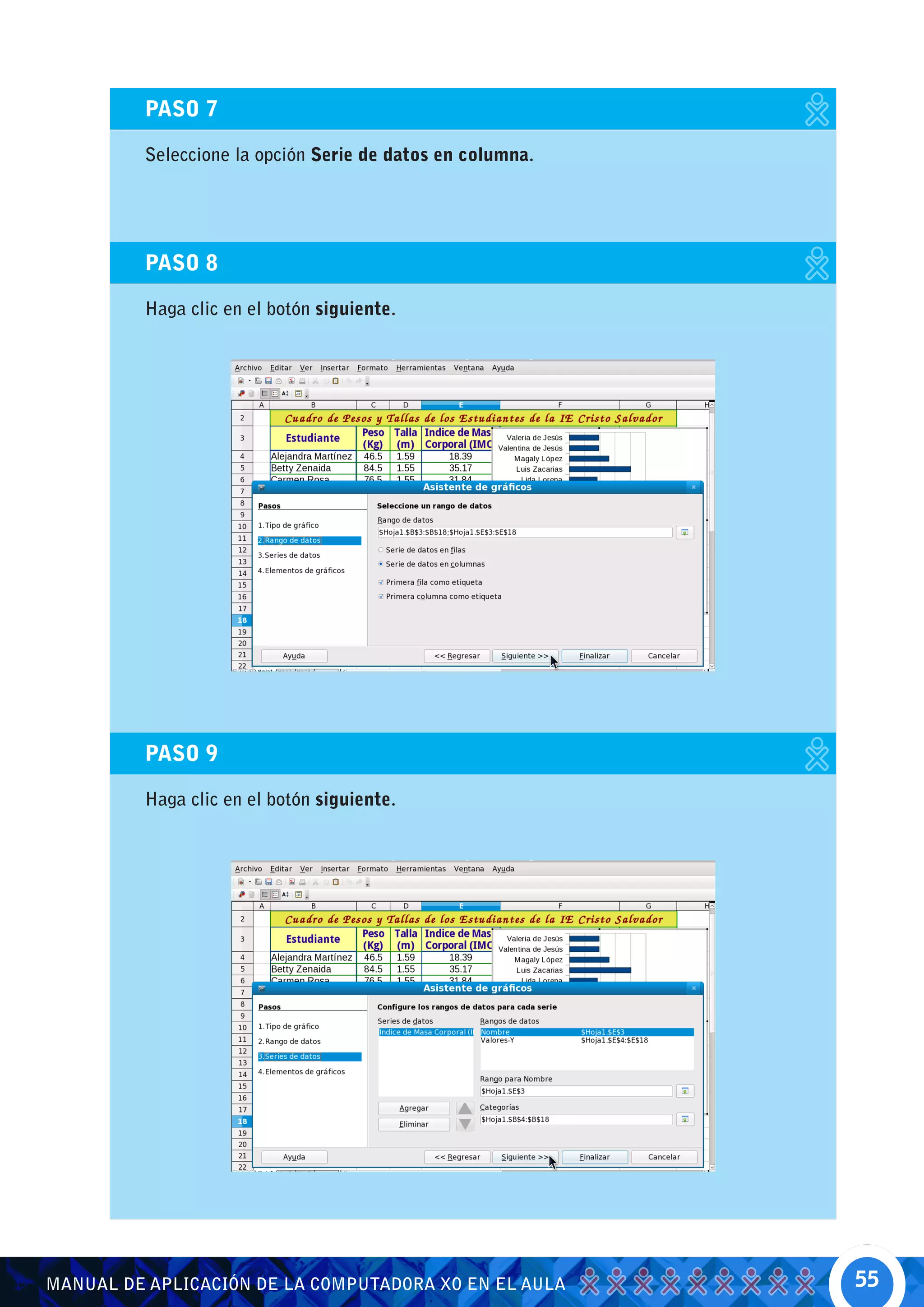 PASO 7

         Seleccione la opción Serie de datos en columna.




         PASO 8

         Haga clic en el botón siguiente.




         PASO 9

         Haga clic en el botón siguiente.




MANUAL DE APLICACIÓN DE LA COMPUTADORA XO EN EL AULA       55
 