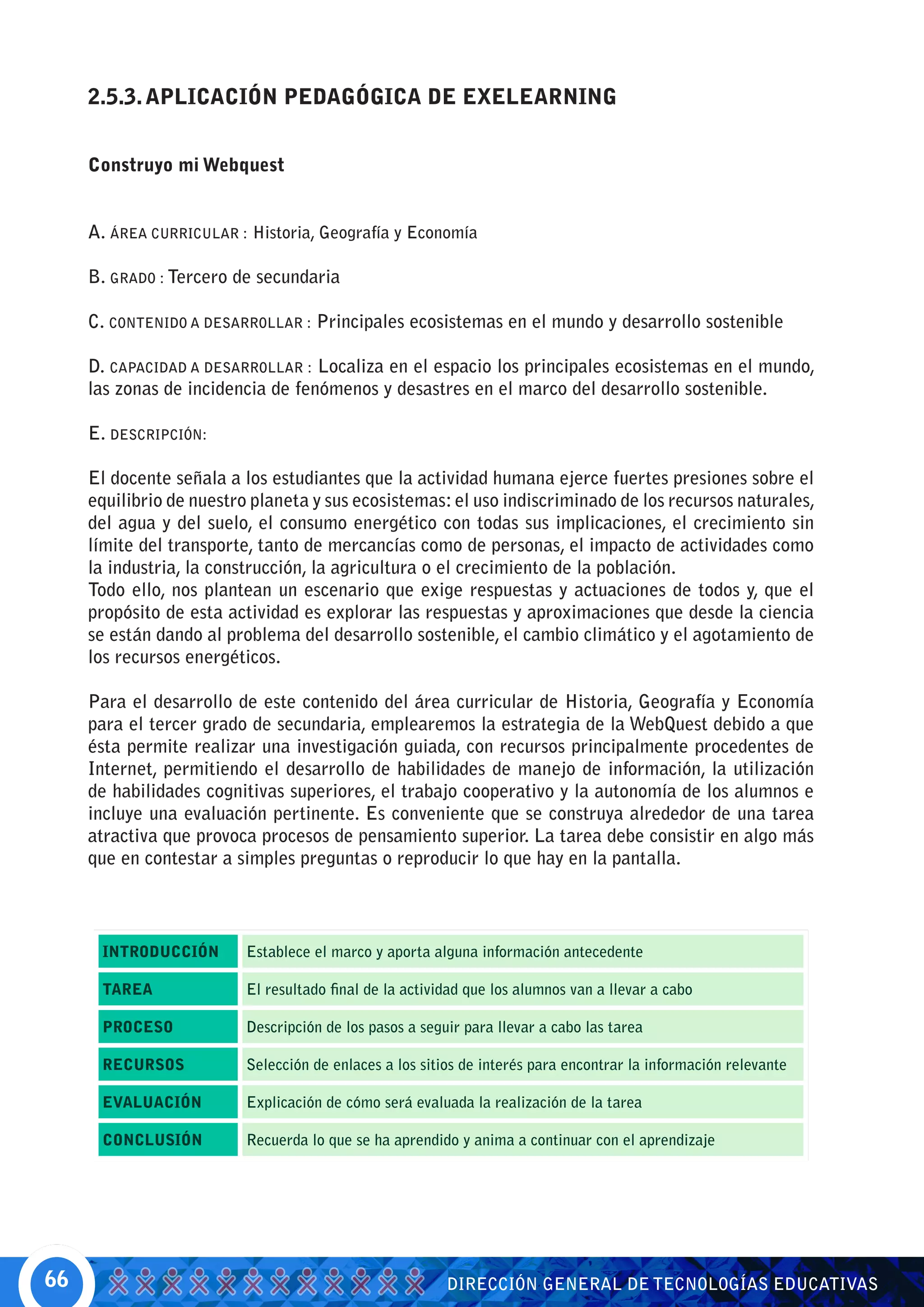 2.5.3. APLICACIÓN PEDAGÓGICA DE EXELEARNING


     Construyo mi Webquest


     A. ÁREA CURRICULAR : Historia, Geografía y Economía

     B. GRADO : Tercero de secundaria

     C. CONTENIDO A DESARROLLAR : Principales ecosistemas en el mundo y desarrollo sostenible

     D. CAPACIDAD A DESARROLLAR : Localiza en el espacio los principales ecosistemas en el mundo,
     las zonas de incidencia de fenómenos y desastres en el marco del desarrollo sostenible.

     E. DESCRIPCIÓN:

     El docente señala a los estudiantes que la actividad humana ejerce fuertes presiones sobre el
     equilibrio de nuestro planeta y sus ecosistemas: el uso indiscriminado de los recursos naturales,
     del agua y del suelo, el consumo energético con todas sus implicaciones, el crecimiento sin
     límite del transporte, tanto de mercancías como de personas, el impacto de actividades como
     la industria, la construcción, la agricultura o el crecimiento de la población.
     Todo ello, nos plantean un escenario que exige respuestas y actuaciones de todos y, que el
     propósito de esta actividad es explorar las respuestas y aproximaciones que desde la ciencia
     se están dando al problema del desarrollo sostenible, el cambio climático y el agotamiento de
     los recursos energéticos.

     Para el desarrollo de este contenido del área curricular de Historia, Geografía y Economía
     para el tercer grado de secundaria, emplearemos la estrategia de la WebQuest debido a que
     ésta permite realizar una investigación guiada, con recursos principalmente procedentes de
     Internet, permitiendo el desarrollo de habilidades de manejo de información, la utilización
     de habilidades cognitivas superiores, el trabajo cooperativo y la autonomía de los alumnos e
     incluye una evaluación pertinente. Es conveniente que se construya alrededor de una tarea
     atractiva que provoca procesos de pensamiento superior. La tarea debe consistir en algo más
     que en contestar a simples preguntas o reproducir lo que hay en la pantalla.



      INTRODUCCIÓN        Establece el marco y aporta alguna información antecedente

      TAREA               El resultado final de la actividad que los alumnos van a llevar a cabo

      PROCESO             Descripción de los pasos a seguir para llevar a cabo las tarea

      RECURSOS            Selección de enlaces a los sitios de interés para encontrar la información relevante

      EVALUACIÓN          Explicación de cómo será evaluada la realización de la tarea

      CONCLUSIÓN          Recuerda lo que se ha aprendido y anima a continuar con el aprendizaje




66                                                       DIRECCIÓN GENERAL DE TECNOLOGÍAS EDUCATIVAS
 