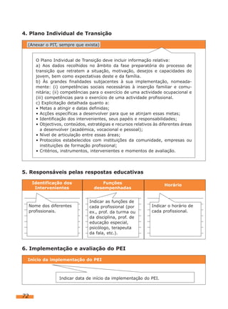 4. Plano Individual de Transição

  (Anexar o PIT, sempre que exista)


        O Plano Individual de Transição deve incluir informação relativa:
        a) Aos dados recolhidos no âmbito da fase preparatória do processo de
        transição que retratem a situação, motivação, desejos e capacidades do
        jovem, bem como expectativas deste e da família.
        b) Às grandes finalidades subjacentes à sua implementação, nomeada-
        mente: (i) competências sociais necessárias à inserção familiar e comu-
        nitária; (ii) competências para o exercício de uma actividade ocupacional e
        (iii) competências para o exercício de uma actividade profissional.
        c) Explicitação detalhada quanto a:
        • Metas a atingir e datas definidas;
        • Acções específicas a desenvolver para que se atinjam essas metas;
        • Identificação dos intervenientes, seus papéis e responsabilidades;
        • Objectivos, conteúdos, estratégias e recursos relativos às diferentes áreas
           a desenvolver (académica, vocacional e pessoal);
        • Nível de articulação entre essas áreas;
        • Protocolos estabelecidos com instituições da comunidade, empresas ou
           instituições de formação profissional;
        • Critérios, instrumentos, intervenientes e momentos de avaliação.




5. Responsáveis pelas respostas educativas

      Identificação dos                Funções                         Horário
       Intervenientes               desempenhadas


                                  Indicar as funções de
     Nome dos diferentes          cada profissional (por         Indicar o horário de
     profissionais.               ex., prof. da turma ou         cada profissional.
                                  da disciplina, prof. de
                                  educação especial,
                                  psicólogo, terapeuta
                                  da fala, etc.).


6. Implementação e avaliação do PEI

  Início da implementação do PEI



                   Indicar data de início da implementação do PEI.



72
 