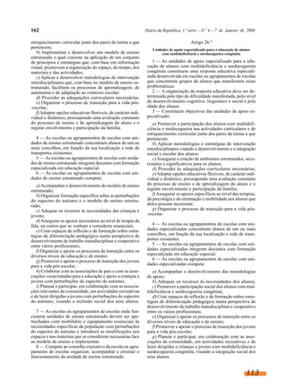 162                                                            Diário da República, 1.ª série — N.º 4 — 7 de Janeiro de 2008

enriquecimento curricular junto dos pares da turma a que                                 Artigo 26.º
pertencem;                                                         Unidades de apoio especializado para a educação de alunos
   b) Implementar e desenvolver um modelo de ensino                     com multideficiência e surdocegueira congénita
estruturado o qual consiste na aplicação de um conjunto
de princípios e estratégias que, com base em informação            1 — As unidades de apoio especializado para a edu-
visual, promovam a organização do espaço, do tempo, dos         cação de alunos com multideficiência e surdocegueira
materiais e das actividades;                                    congénita constituem uma resposta educativa especiali-
   c) Aplicar e desenvolver metodologias de intervenção         zada desenvolvida em escolas ou agrupamentos de escolas
interdisciplinares que, com base no modelo de ensino es-        que concentrem grupos de alunos que manifestem essas
truturado, facilitem os processos de aprendizagem, de           problemáticas.
autonomia e de adaptação ao contexto escolar;                      2 — A organização da resposta educativa deve ser de-
   d) Proceder às adequações curriculares necessárias;          terminada pelo tipo de dificuldade manifestada, pelo nível
   e) Organizar o processo de transição para a vida pós-        de desenvolvimento cognitivo, linguístico e social e pela
-escolar;                                                       idade dos alunos.
   f) Adoptar opções educativas flexíveis, de carácter indi-       3 — Constituem objectivos das unidades de apoio es-
vidual e dinâmico, pressupondo uma avaliação constante          pecializado:
do processo de ensino e de aprendizagem do aluno e o               a) Promover a participação dos alunos com multidefi-
regular envolvimento e participação da família.                 ciência e surdocegueira nas actividades curriculares e de
                                                                enriquecimento curricular junto dos pares da turma a que
   4 — As escolas ou agrupamentos de escolas com uni-           pertencem;
dades de ensino estruturado concentram alunos de um ou             b) Aplicar metodologias e estratégias de intervenção
mais concelhos, em função da sua localização e rede de          interdisciplinares visando o desenvolvimento e a integração
transportes existentes.                                         social e escolar dos alunos;
   5 — As escolas ou agrupamentos de escolas com unida-            c) Assegurar a criação de ambientes estruturados, secu-
des de ensino estruturado integram docentes com formação        rizantes e significativos para os alunos;
especializada em educação especial.                                d) Proceder às adequações curriculares necessárias;
   6 — Às escolas ou agrupamentos de escolas com uni-              e) Adoptar opções educativas flexíveis, de carácter indi-
dades de ensino estruturado compete:                            vidual e dinâmico, pressupondo uma avaliação constante
   a) Acompanhar o desenvolvimento do modelo de ensino          do processo de ensino e de aprendizagem do aluno e o
estruturado;                                                    regular envolvimento e participação da família;
   b) Organizar formação específica sobre as perturbações          f) Assegurar os apoios específicos ao nível das terapias,
do espectro do autismo e o modelo de ensino estrutu-            da psicologia e da orientação e mobilidade aos alunos que
rado;                                                           deles possam necessitar;
   c) Adequar os recursos às necessidades das crianças e           g) Organizar o processo de transição para a vida pós-
jovens;                                                         -escolar.
   d) Assegurar os apoios necessários ao nível de terapia da
fala, ou outros que se venham a considerar essenciais;            4 — As escolas ou agrupamentos de escolas com uni-
   e) Criar espaços de reflexão e de formação sobre estra-      dades especializadas concentram alunos de um ou mais
tégias de diferenciação pedagógica numa perspectiva de          concelhos, em função da sua localização e rede de trans-
desenvolvimento de trabalho transdisciplinar e cooperativo      portes existentes.
entre vários profissionais;                                       5 — As escolas ou agrupamentos de escolas com uni-
   f) Organizar e apoiar os processos de transição entre os     dades especializadas integram docentes com formação
diversos níveis de educação e de ensino;                        especializada em educação especial.
   g) Promover e apoiar o processo de transição dos jovens        6 — Às escolas ou agrupamentos de escolas com uni-
para a vida pós-escolar;                                        dades especializadas compete:
   h) Colaborar com as associações de pais e com as asso-          a) Acompanhar o desenvolvimento das metodologias
ciações vocacionadas para a educação e apoio a crianças e       de apoio;
jovens com perturbações do espectro do autismo;                    b) Adequar os recursos às necessidades dos alunos;
   i) Planear e participar, em colaboração com as associa-         c) Promover a participação social dos alunos com mul-
ções relevantes da comunidade, em actividades recreativas       tideficiência e surdocegueira congénita;
e de lazer dirigidas a jovens com perturbações do espectro         d) Criar espaços de reflexão e de formação sobre estra-
do autismo, visando a inclusão social dos seus alunos.          tégias de diferenciação pedagógica numa perspectiva de
                                                                desenvolvimento de trabalho transdisciplinar e cooperativo
   7 — As escolas ou agrupamentos de escolas onde fun-          entre os vários profissionais;
cionem unidades de ensino estruturado devem ser ape-               e) Organizar e apoiar os processos de transição entre os
trechados com mobiliário e equipamento essenciais às            diversos níveis de educação e de ensino;
necessidades específicas da população com perturbações             f) Promover e apoiar o processo de transição dos jovens
do espectro do autismo e introduzir as modificações nos         para a vida pós-escolar;
espaços e nos materiais que se considerem necessárias face         g) Planear e participar, em colaboração com as asso-
ao modelo de ensino a implementar.                              ciações da comunidade, em actividades recreativas e de
   8 — Compete ao conselho executivo da escola ou agru-         lazer dirigidas a crianças e jovens com multideficiência e
pamento de escolas organizar, acompanhar e orientar o           surdocegueira congénita, visando a integração social dos
funcionamento da unidade de ensino estruturado.                 seus alunos.


                                                                                                                         113
 