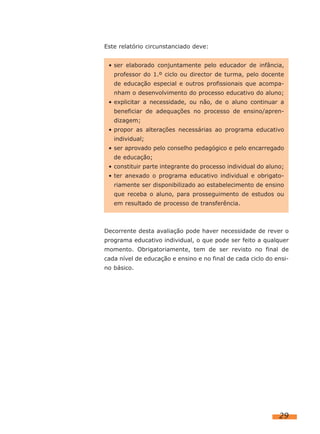 Este relatório circunstanciado deve:
Decorrente desta avaliação pode haver necessidade de rever o
programa educativo individual, o que pode ser feito a qualquer
momento. Obrigatoriamente, tem de ser revisto no final de
cada nível de educação e ensino e no final de cada ciclo do ensi-
no básico.
29
• ser elaborado conjuntamente pelo educador de infância,
professor do 1.º ciclo ou director de turma, pelo docente
de educação especial e outros profissionais que acompa-
nham o desenvolvimento do processo educativo do aluno;
• explicitar a necessidade, ou não, de o aluno continuar a
beneficiar de adequações no processo de ensino/apren-
dizagem;
• propor as alterações necessárias ao programa educativo
individual;
• ser aprovado pelo conselho pedagógico e pelo encarregado
de educação;
• constituir parte integrante do processo individual do aluno;
• ter anexado o programa educativo individual e obrigato-
riamente ser disponibilizado ao estabelecimento de ensino
que receba o aluno, para prosseguimento de estudos ou
em resultado de processo de transferência.
 