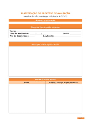 PLANIFICAÇÃO DO PROCESSO DE AVALIAÇÃO
(recolha de informação por referência à CIF-CJ)
57
ROTEIRO DE AVALIAÇÃO
DADOS DE IDENTIFICAÇÃO DO ALUNO
Nome:
Data de Nascimento: / / Idade:
Ano de Escolaridade: J.I./Escola:
DESCRIÇÃO DA SITUAÇÃO DO ALUNO
EQUIPA PLURIDISCIPLINAR
Nome Função/serviço a que pertence
 