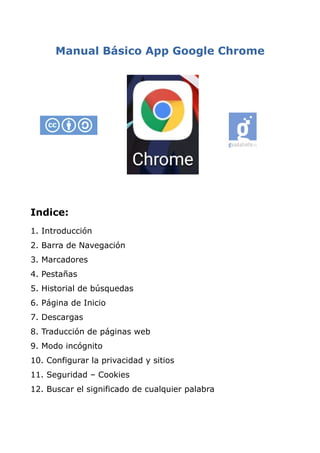 Manual Básico App Google Chrome
Indice:
1. Introducción
2. Barra de Navegación
3. Marcadores
4. Pestañas
5. Historial de búsquedas
6. Página de Inicio
7. Descargas
8. Traducción de páginas web
9. Modo incógnito
10. Configurar la privacidad y sitios
11. Seguridad – Cookies
12. Buscar el significado de cualquier palabra
 