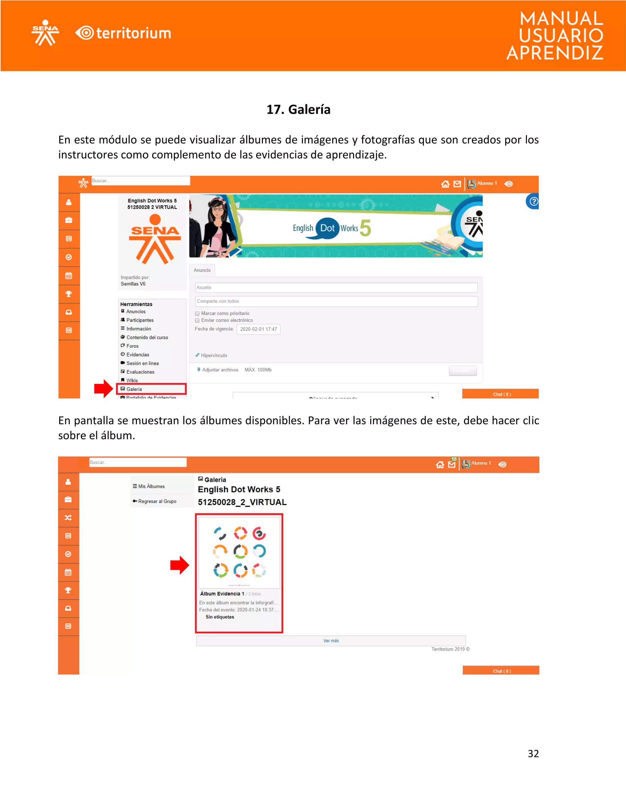 32
17. Galería
En este módulo se puede visualizar álbumes de imágenes y fotografías que son creados por los
instructores como complemento de las evidencias de aprendizaje.
En pantalla se muestran los álbumes disponibles. Para ver las imágenes de este, debe hacer clic
sobre el álbum.
 