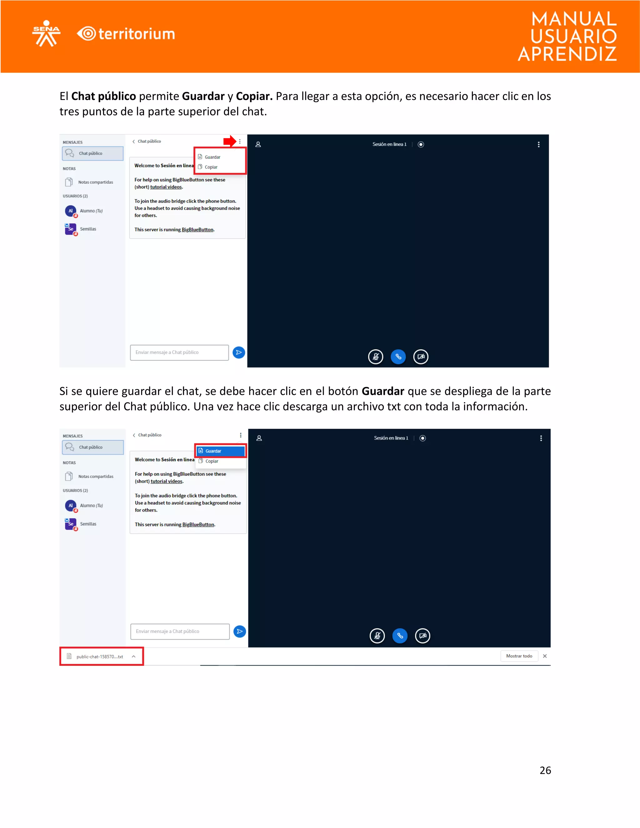 26
El Chat público permite Guardar y Copiar. Para llegar a esta opción, es necesario hacer clic en los
tres puntos de la parte superior del chat.
Si se quiere guardar el chat, se debe hacer clic en el botón Guardar que se despliega de la parte
superior del Chat público. Una vez hace clic descarga un archivo txt con toda la información.
 