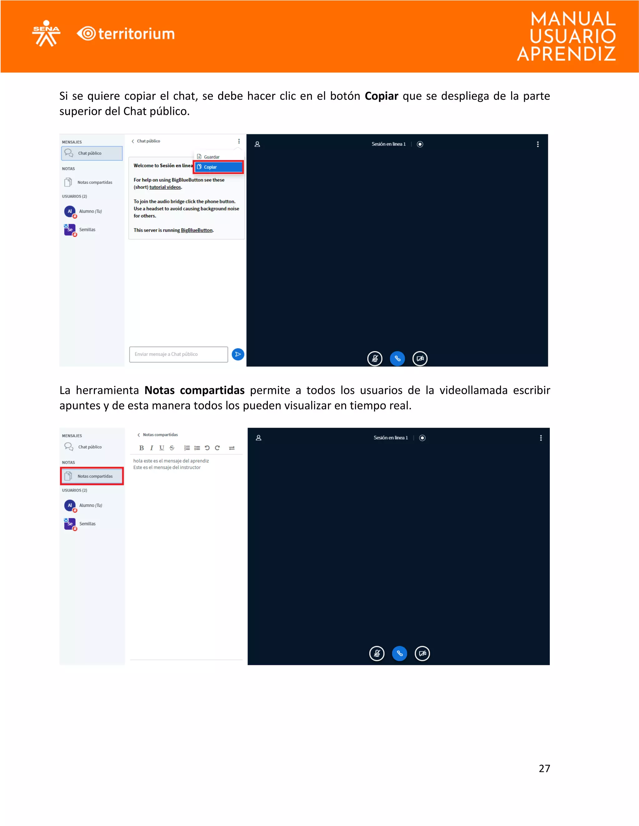 27
Si se quiere copiar el chat, se debe hacer clic en el botón Copiar que se despliega de la parte
superior del Chat público.
La herramienta Notas compartidas permite a todos los usuarios de la videollamada escribir
apuntes y de esta manera todos los pueden visualizar en tiempo real.
 